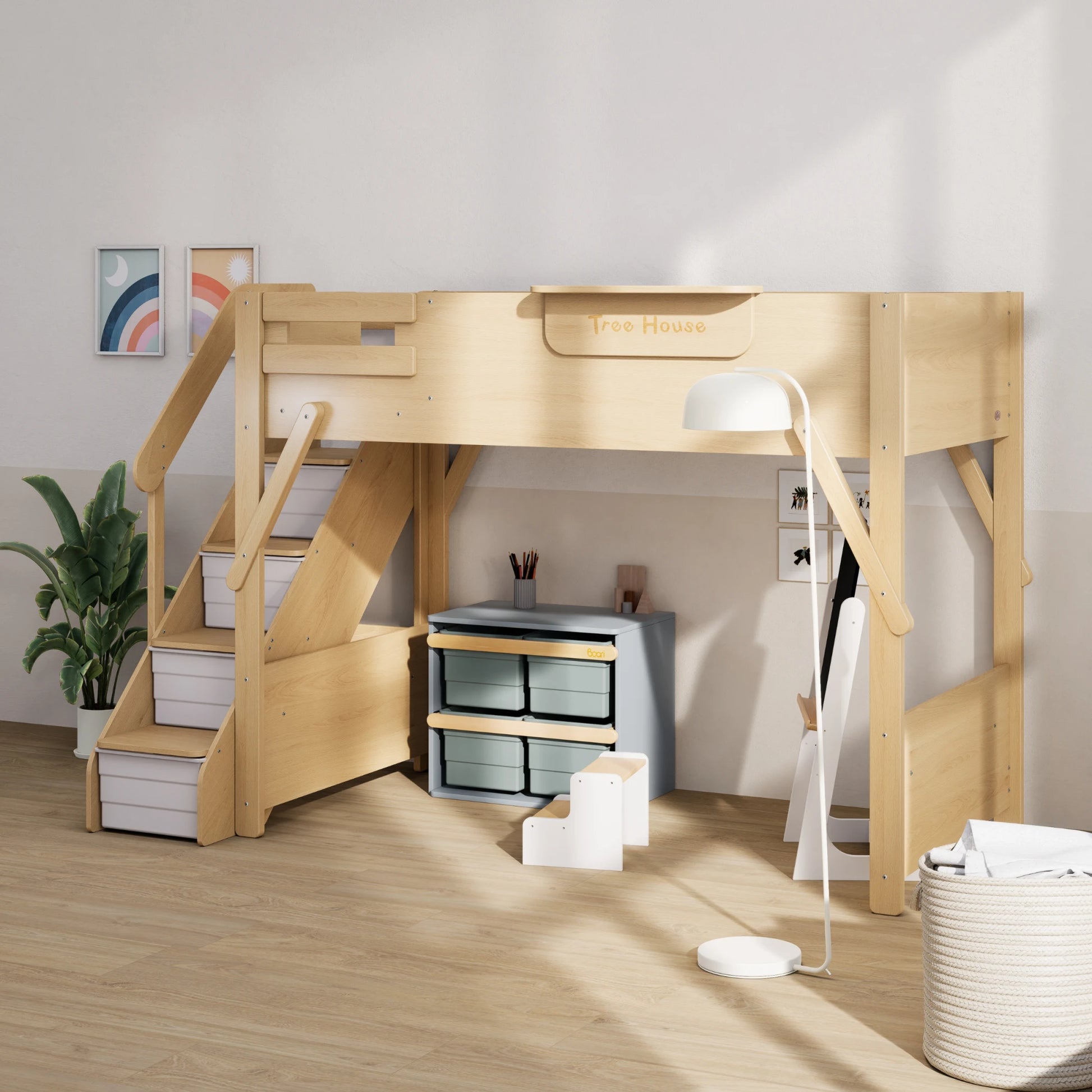 Boori Treehouse Kids NZ King Single Loft Bed + Storage Staircase, Beech
