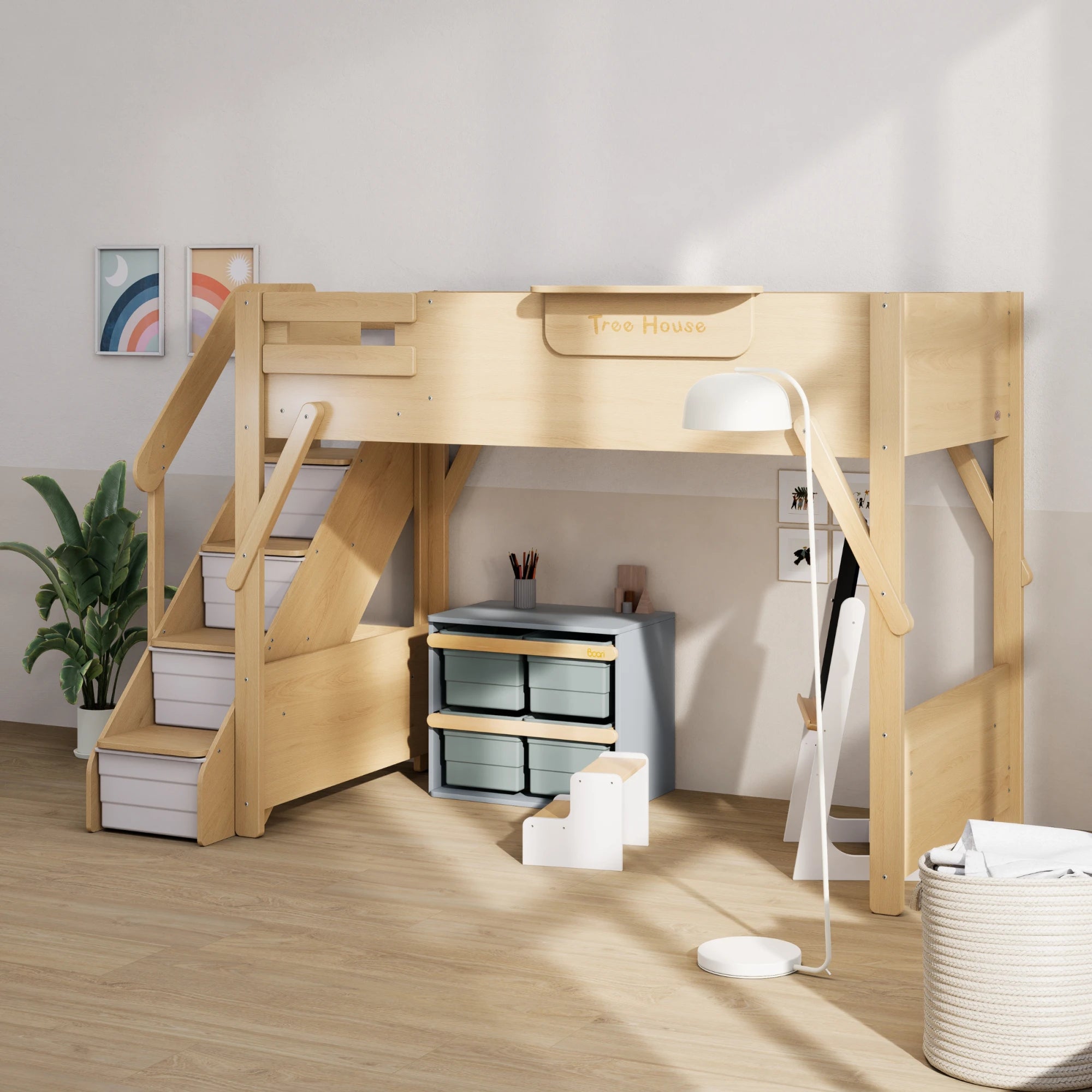 Boori Treehouse Kids NZ King Single Loft Bed + Storage Staircase, Beech