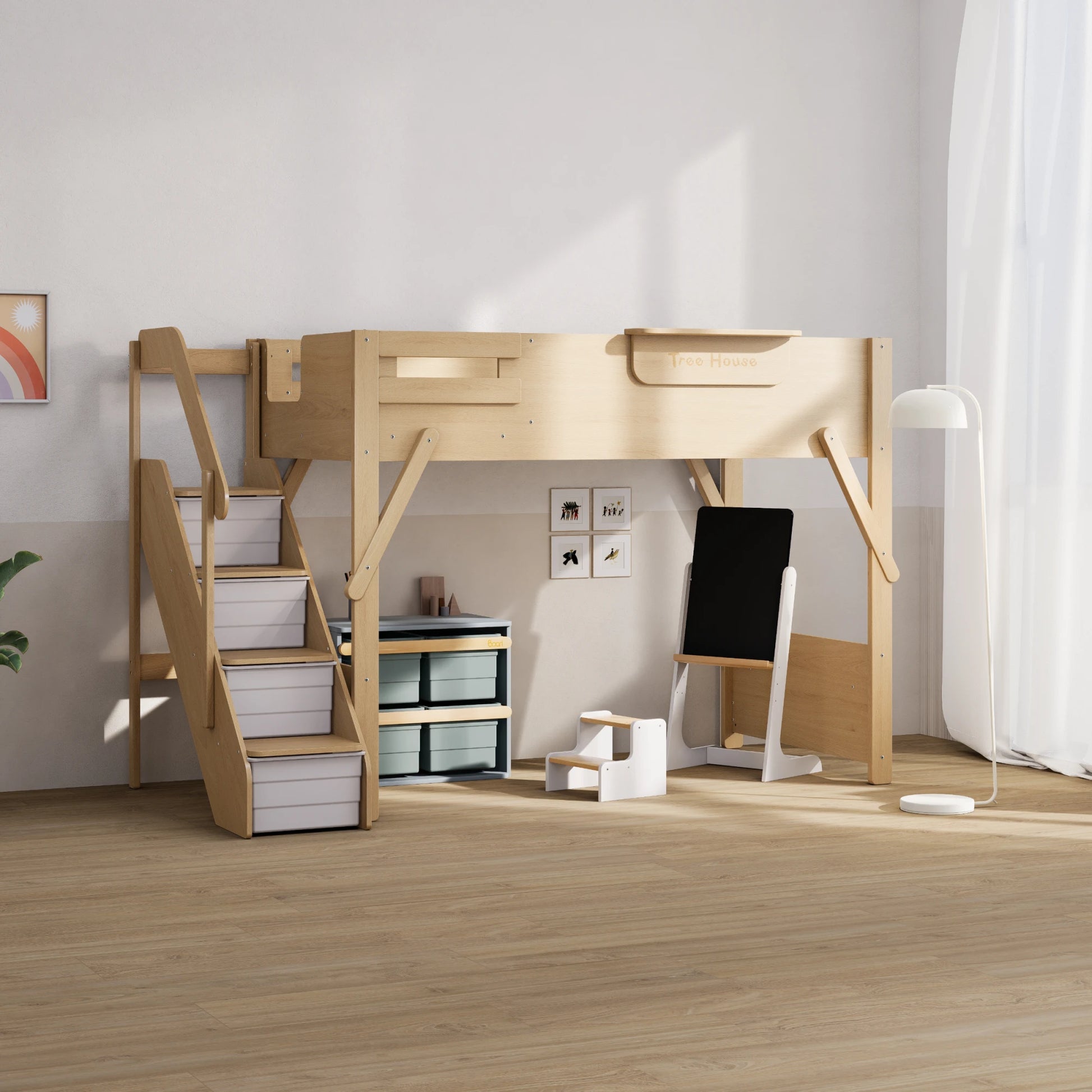 Boori Treehouse Kids NZ King Single Loft Bed + Storage Staircase, Beech