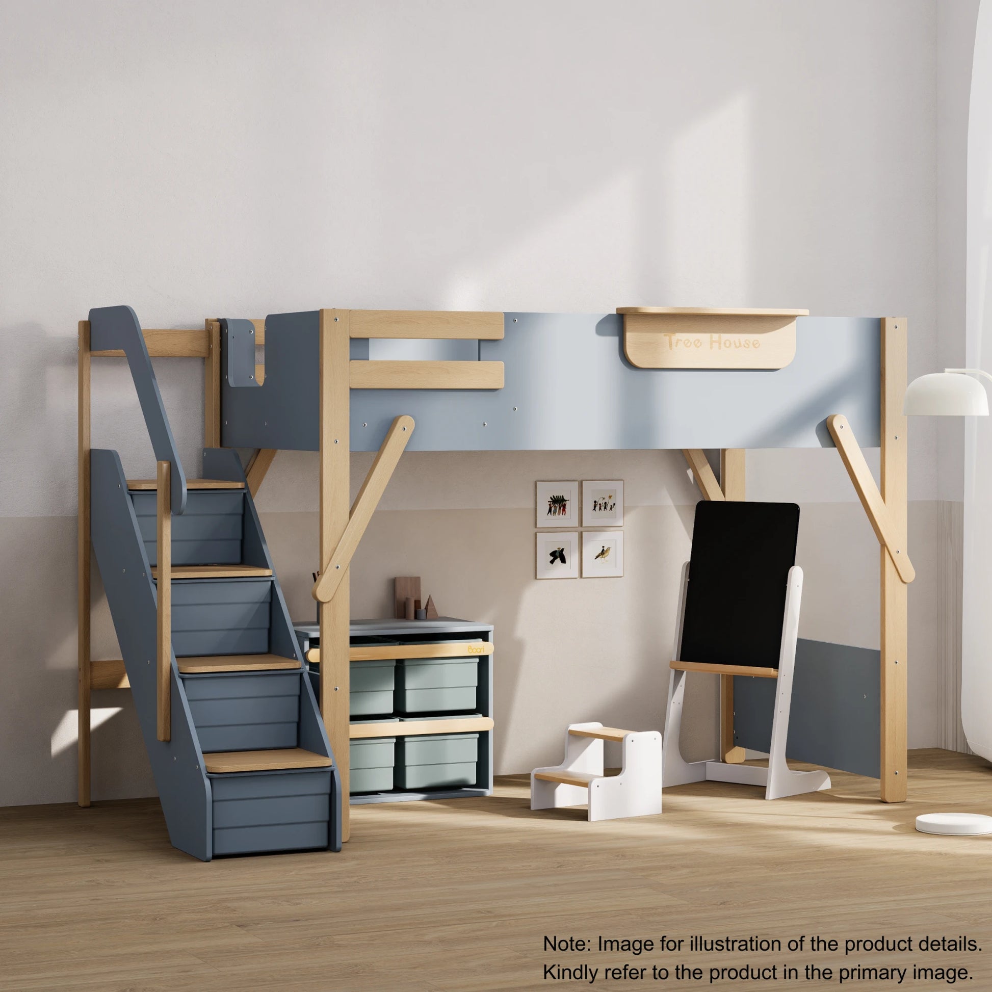 Boori Treehouse Kids NZ King Single Loft Bed + Storage Staircase, Blueberry