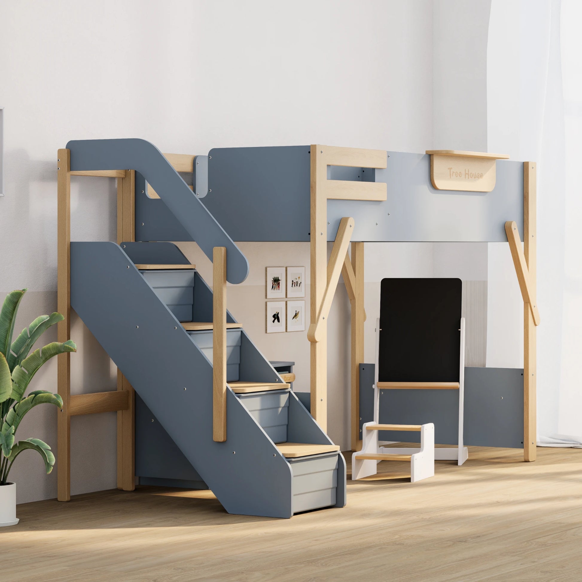 Boori Treehouse Kids NZ King Single Loft Bed + Storage Staircase, Blueberry