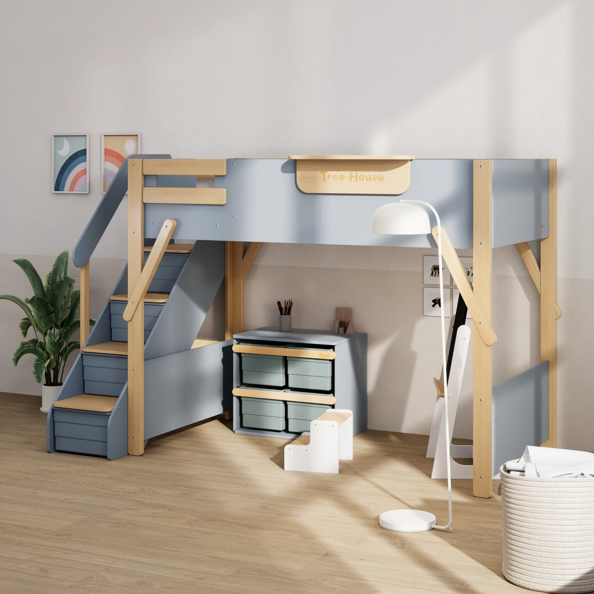 Boori Treehouse Kids NZ King Single Loft Bed + Storage Staircase, Blueberry