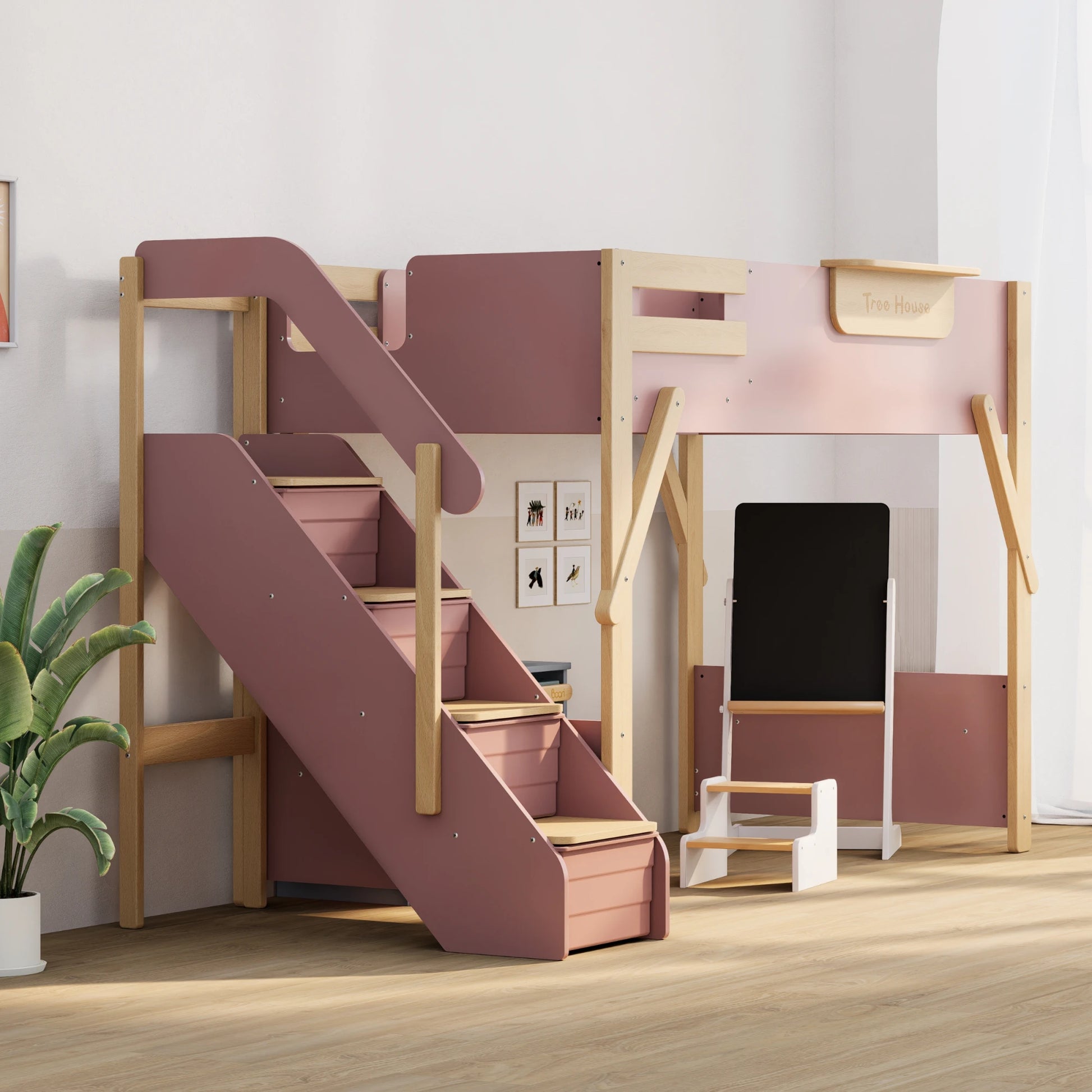 Boori Treehouse Kids NZ King Single Loft Bed + Storage Staircase, Cherry