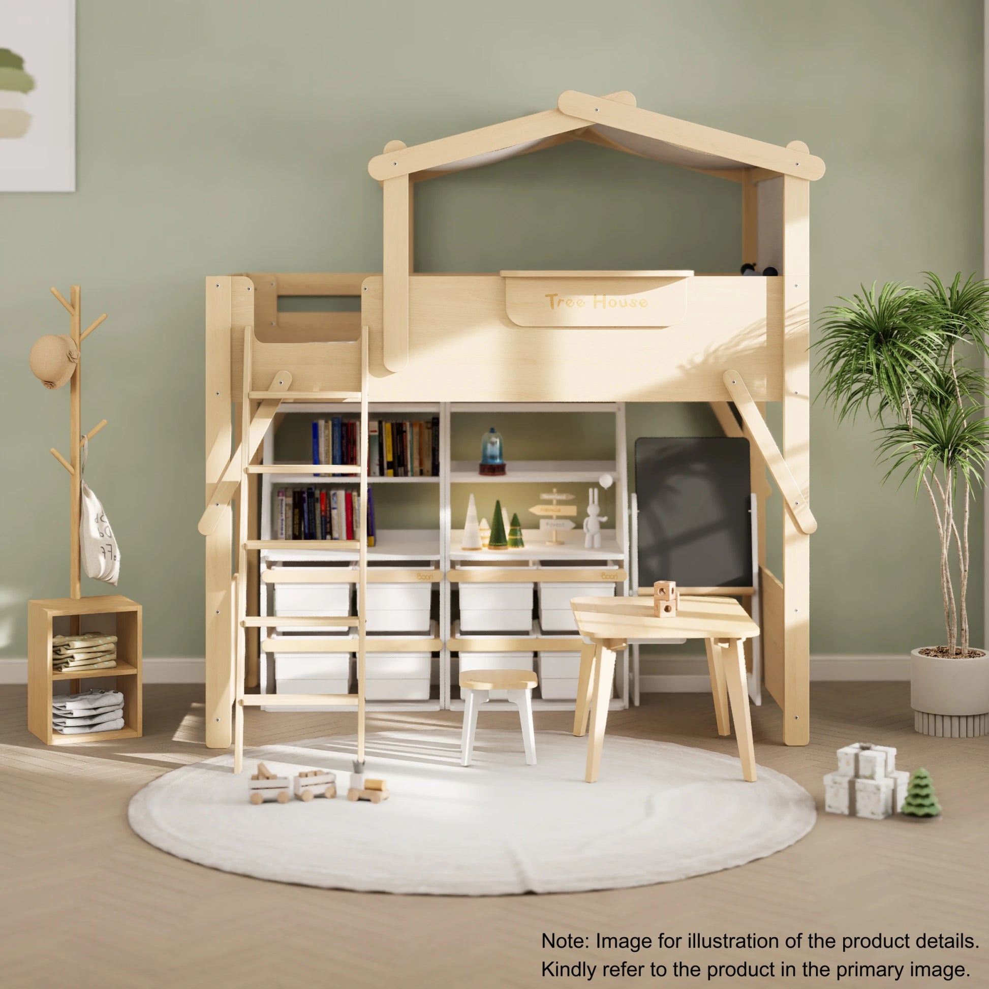 Boori Treehouse Kids NZ King Single Loft Bed + Roof Frame and Ladder, Beech