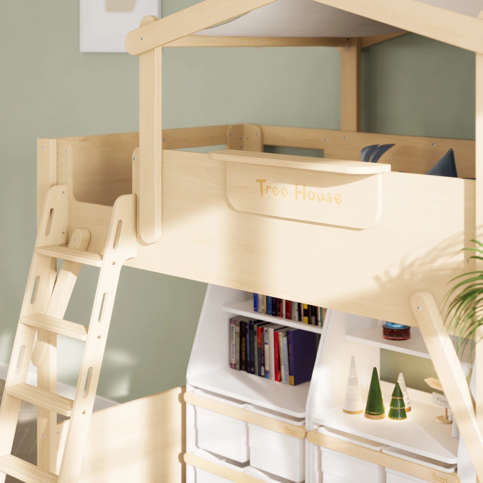 Boori Treehouse Kids NZ King Single Loft Bed + Roof Frame and Ladder, Beech
