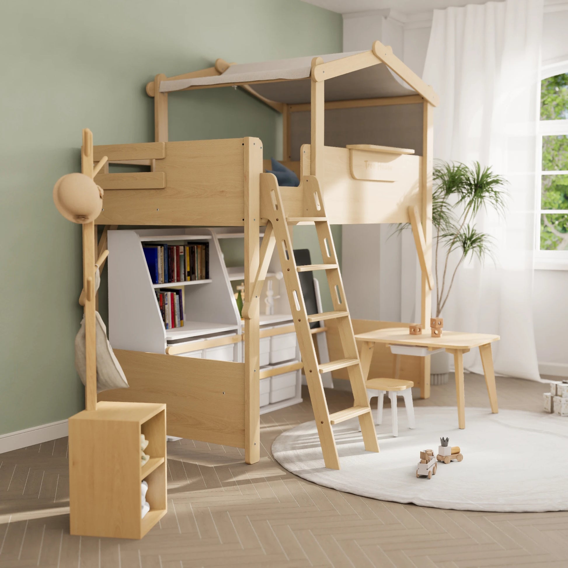 Boori Treehouse Kids NZ King Single Loft Bed + Roof Frame and Ladder, Beech