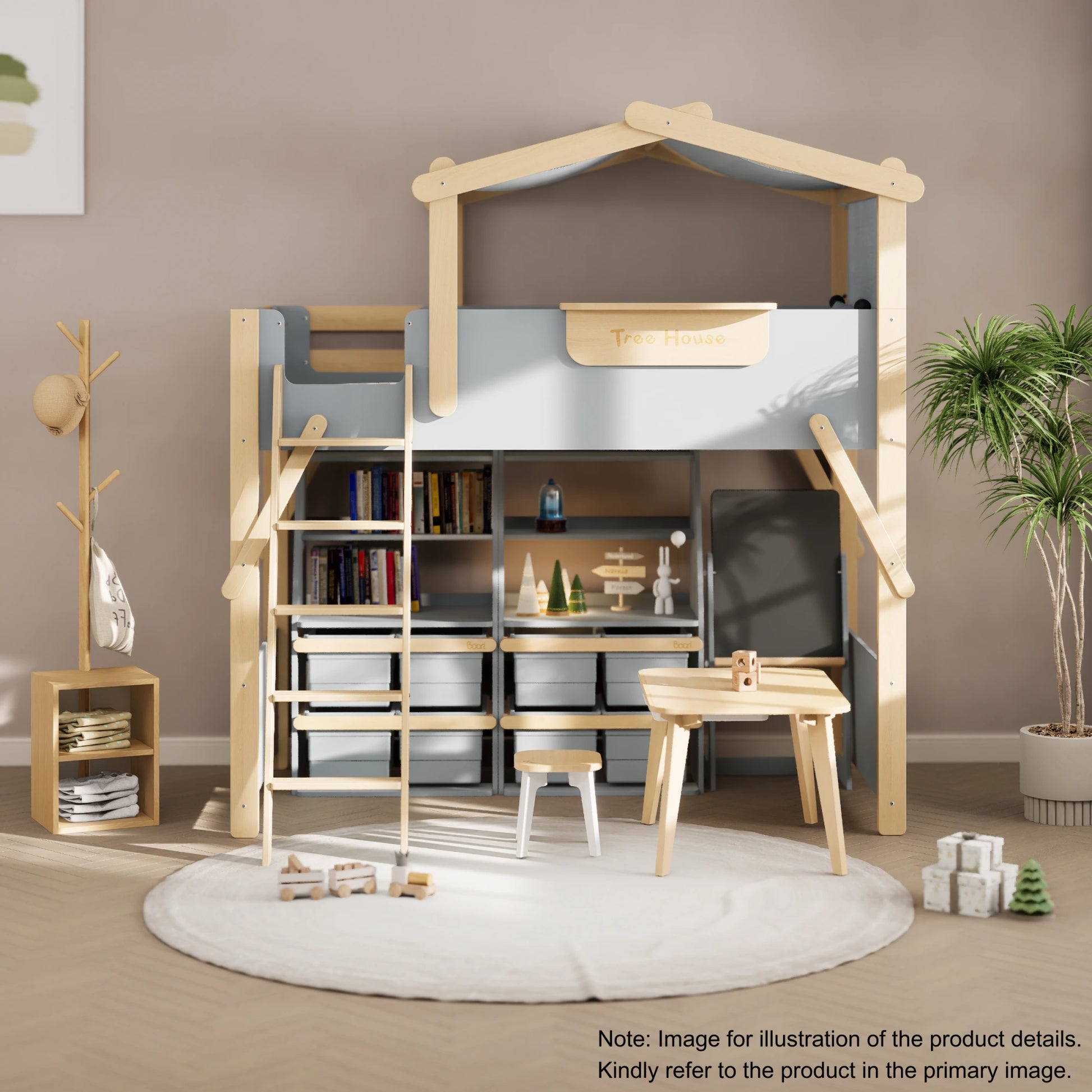 Boori Treehouse Kids NZ King Single Loft Bed + Roof Frame and Ladder, Blueberry