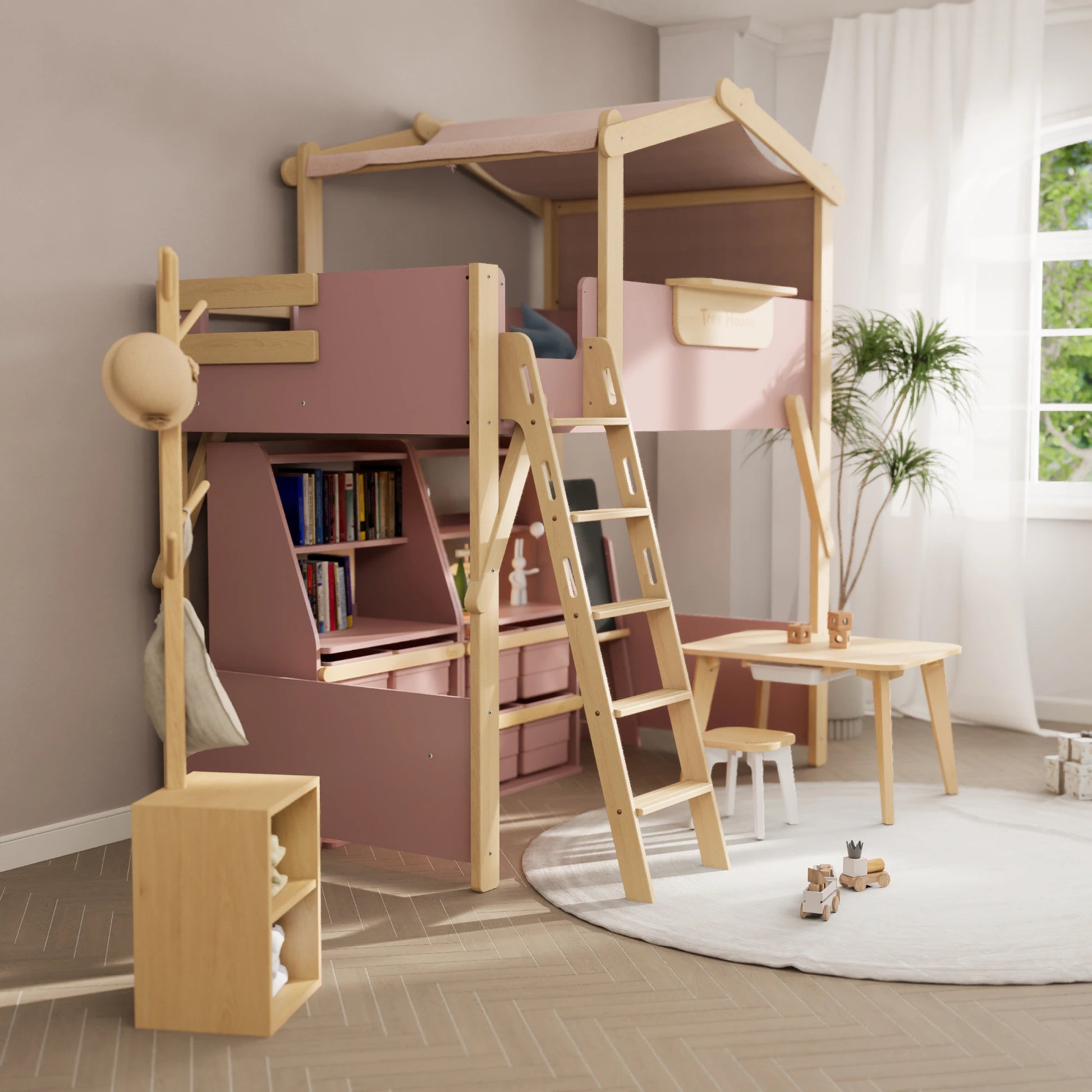 Boori Treehouse Kids NZ King Single Loft Bed + Roof Frame and Ladder, Cherry