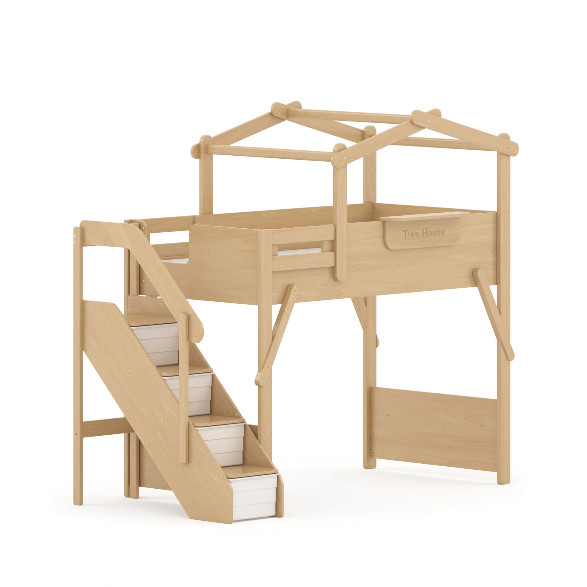 Boori Treehouse Kids NZ King Single Loft Bed + Roof Frame and Storage Staircase, Beech