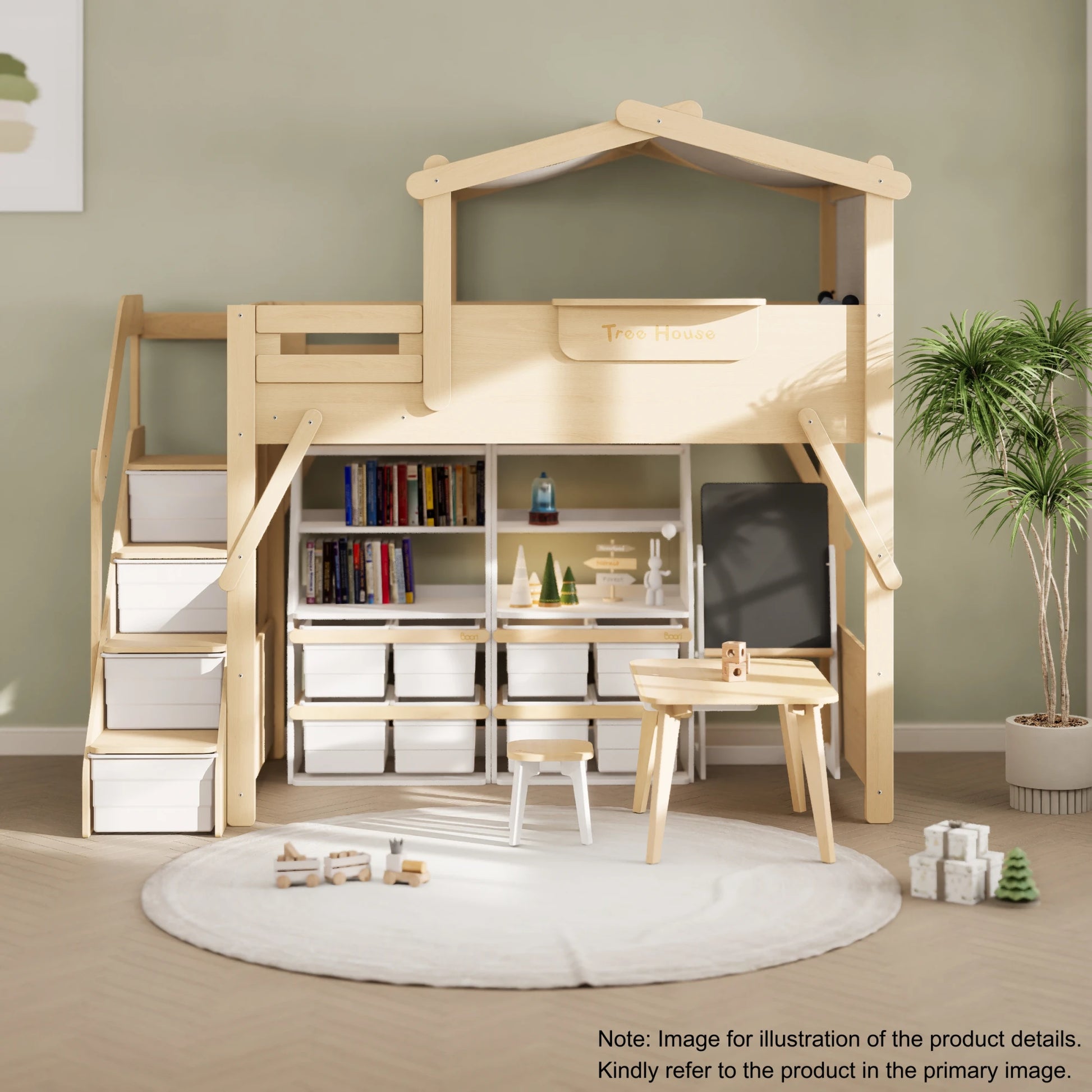 Boori Treehouse Kids NZ King Single Loft Bed + Roof Frame and Storage Staircase, Beech
