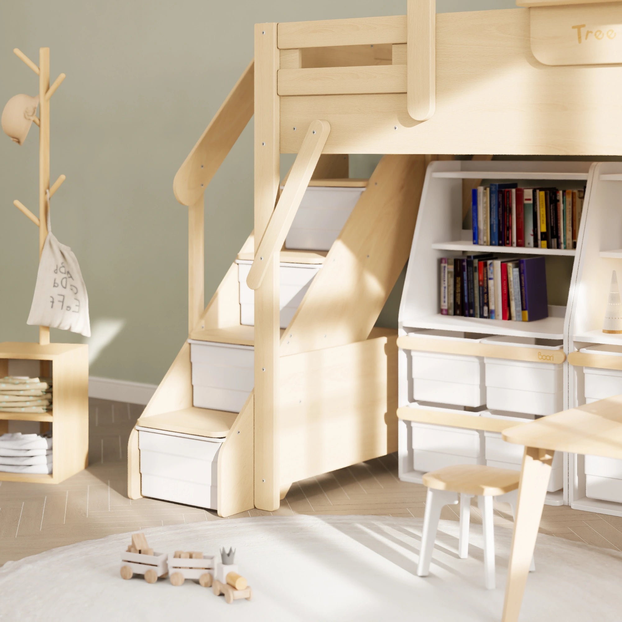 Boori Treehouse Kids NZ King Single Loft Bed + Roof Frame and Storage Staircase, Beech