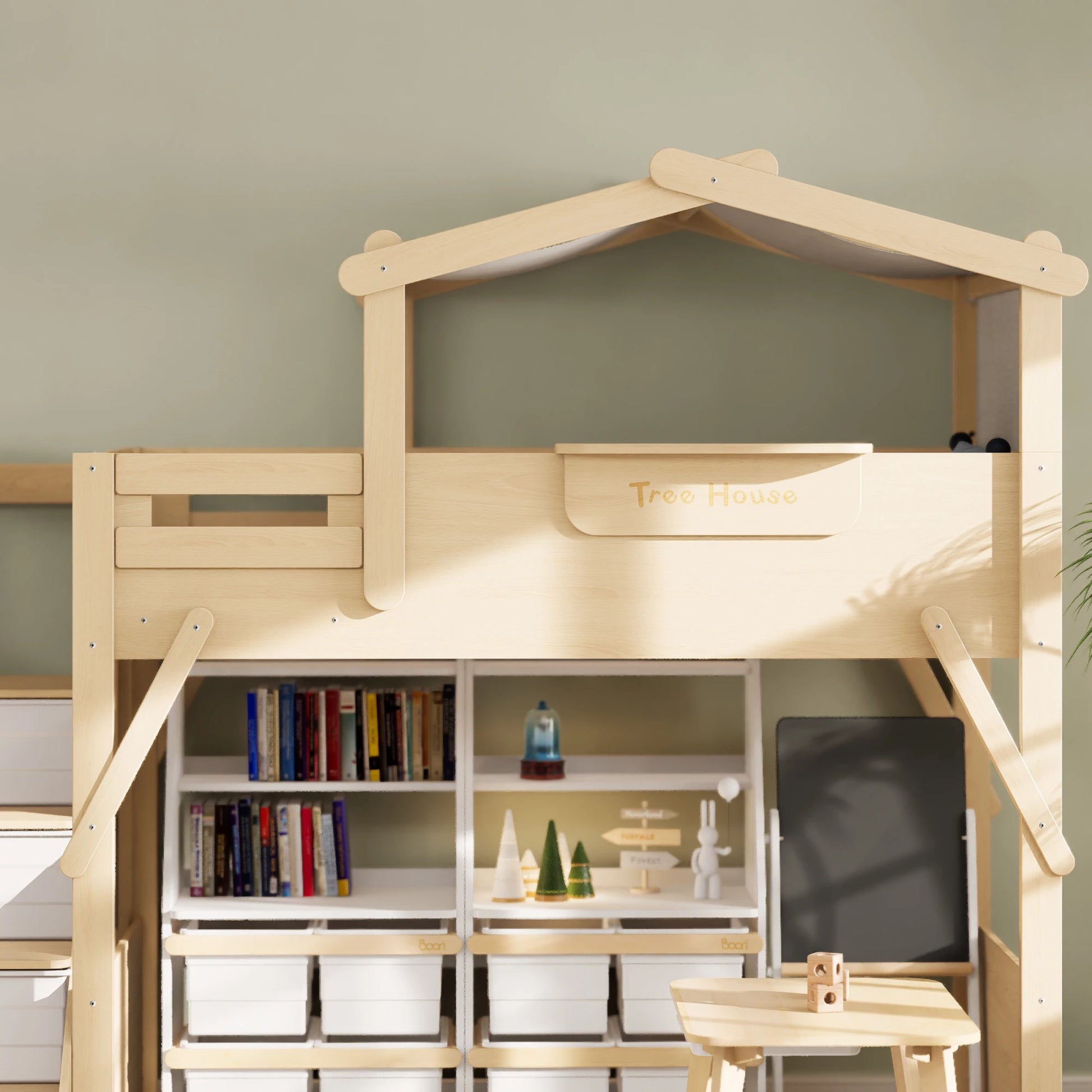 Boori Treehouse Kids NZ King Single Loft Bed + Roof Frame and Storage Staircase, Beech