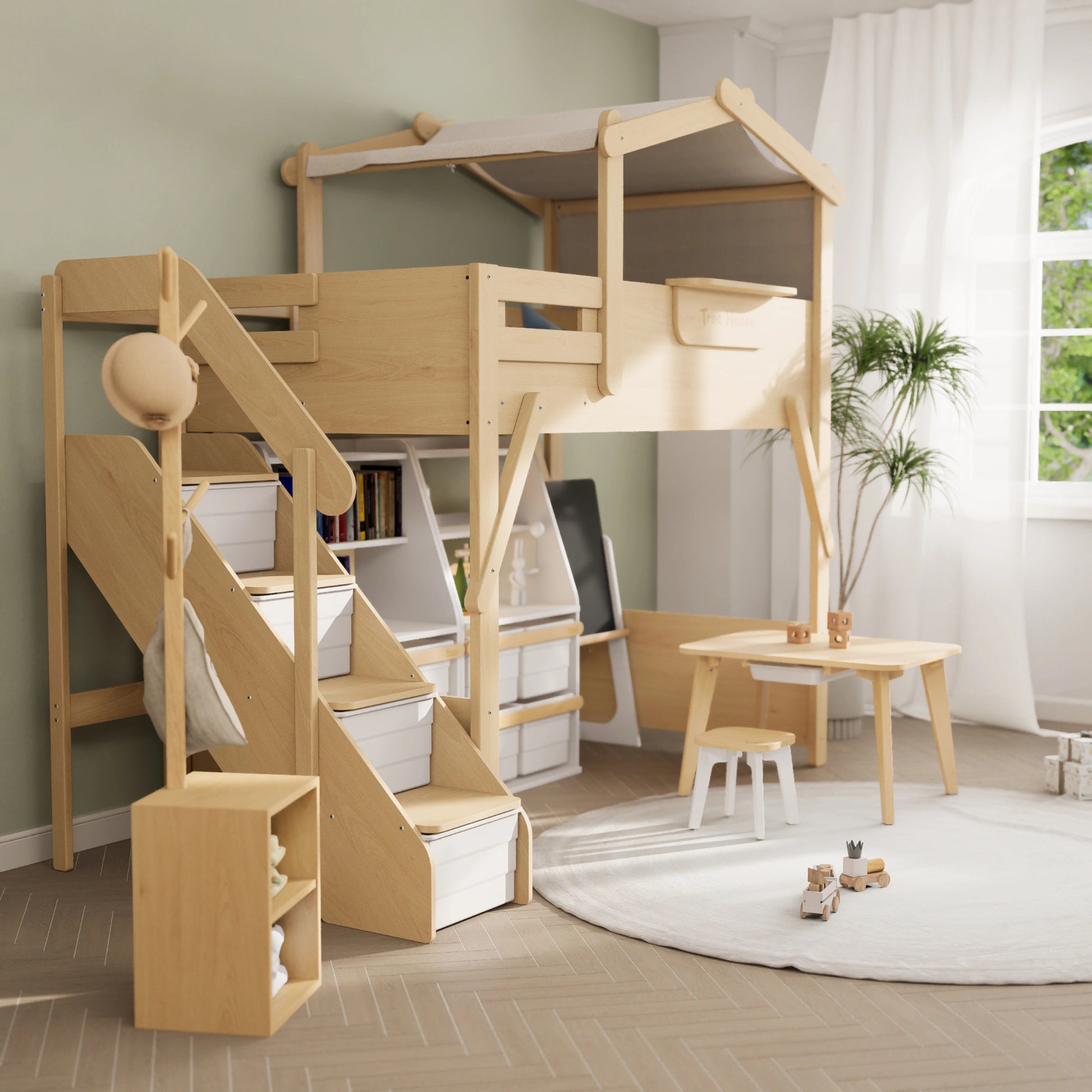 Boori Treehouse Kids NZ King Single Loft Bed + Roof Frame and Storage Staircase, Beech