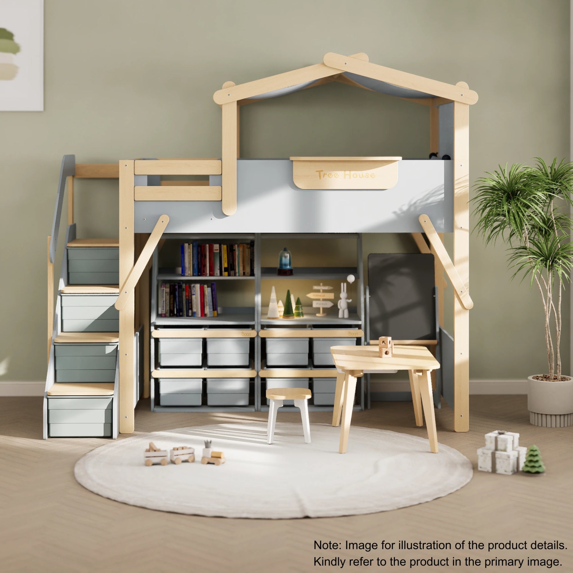Boori Treehouse Kids NZ King Single Loft Bed + Roof Frame and Storage Staircase, Blueberry