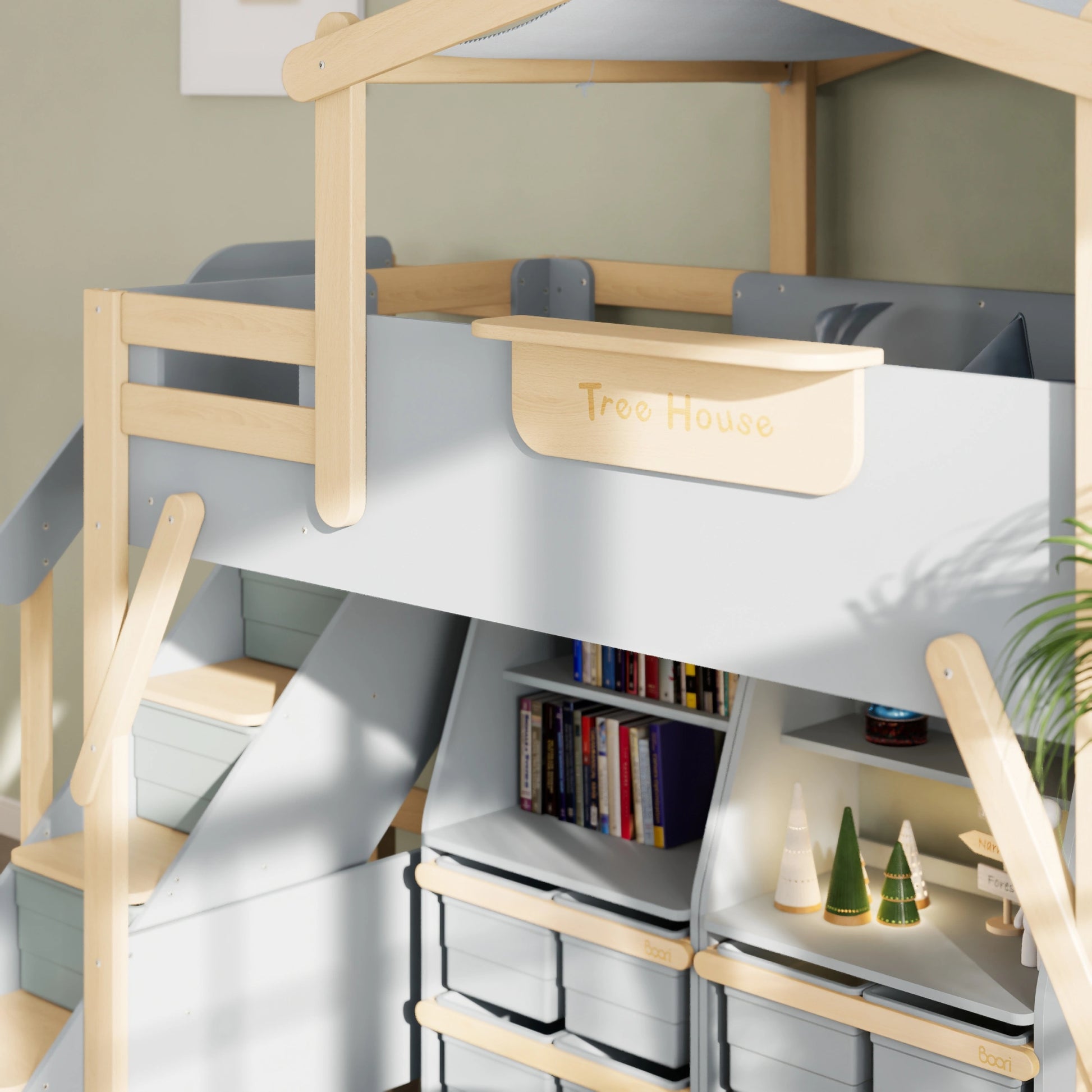 Boori Treehouse Kids NZ King Single Loft Bed + Roof Frame and Storage Staircase, Blueberry