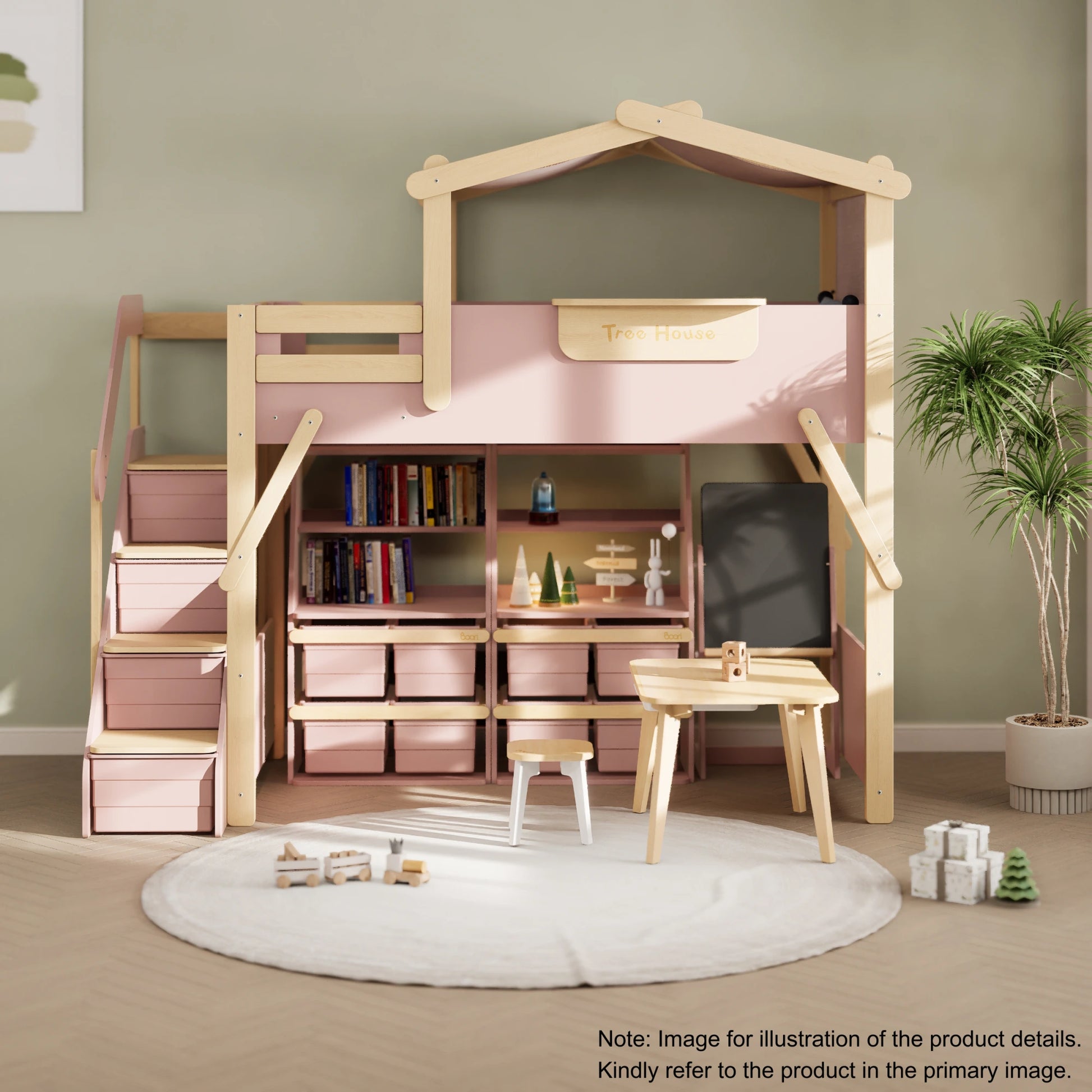 Boori Treehouse Kids NZ King Single Loft Bed + Roof Frame and Storage Staircase, Cherry