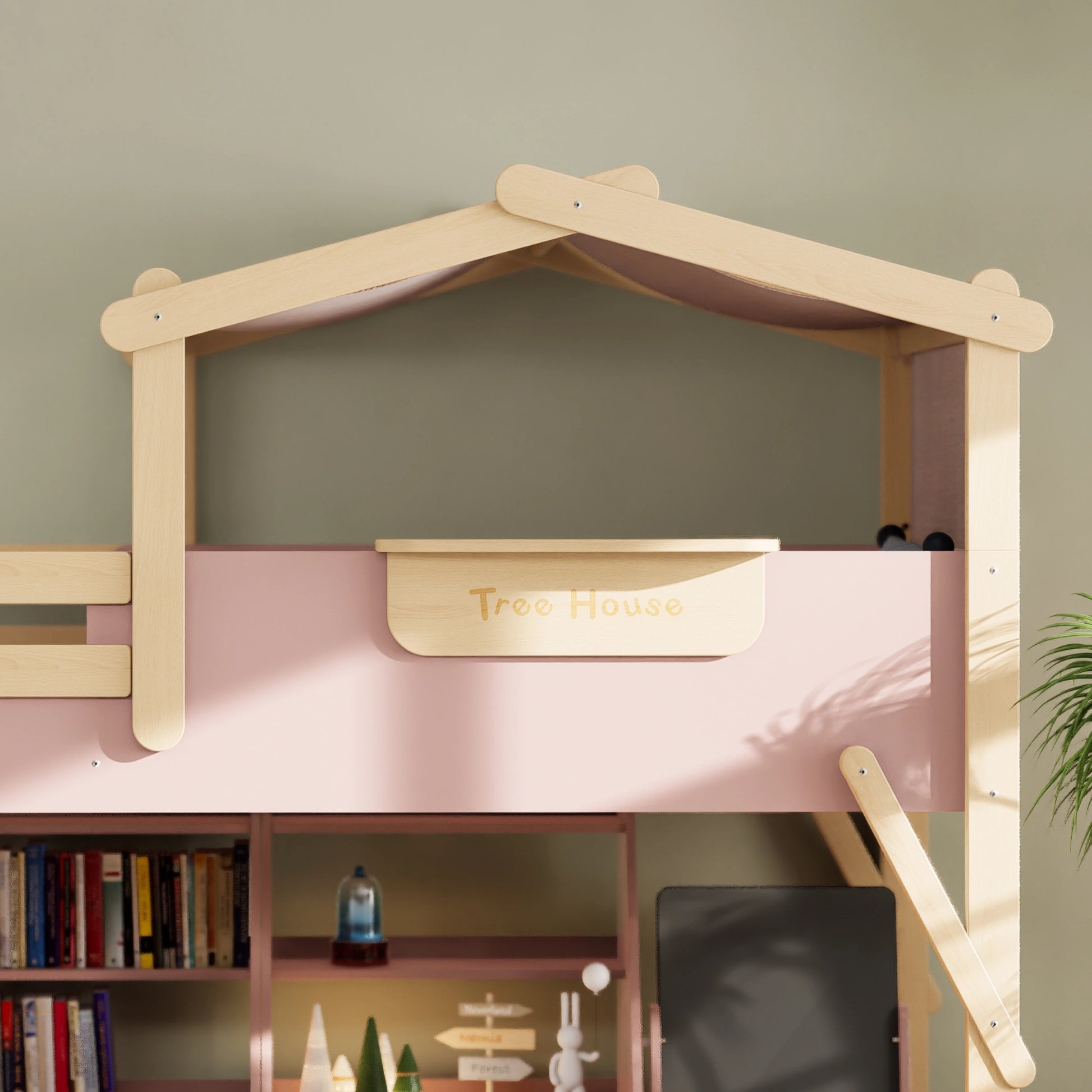 Boori Treehouse Kids NZ King Single Loft Bed + Roof Frame and Storage Staircase, Cherry