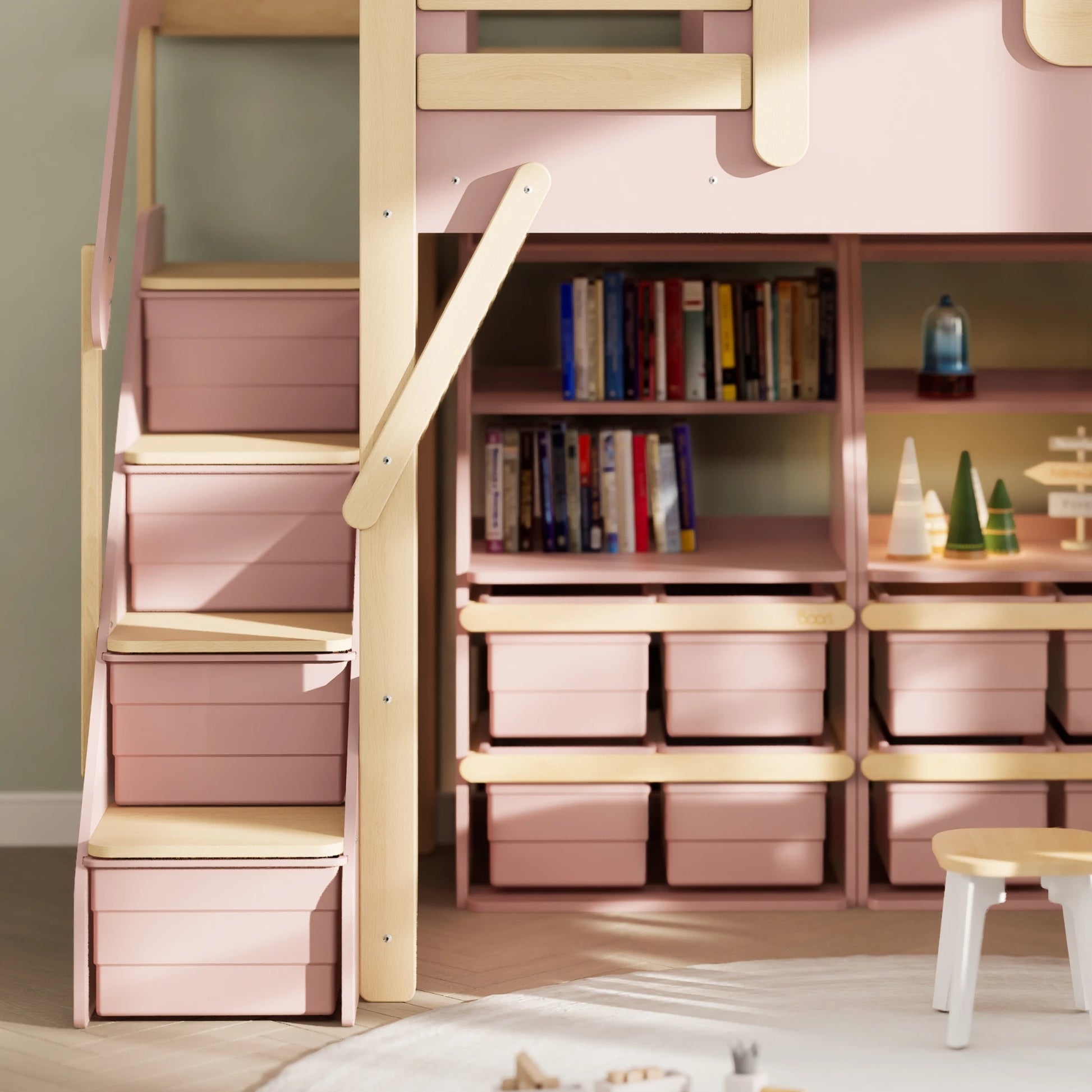 Boori Treehouse Kids NZ King Single Loft Bed + Roof Frame and Storage Staircase, Cherry