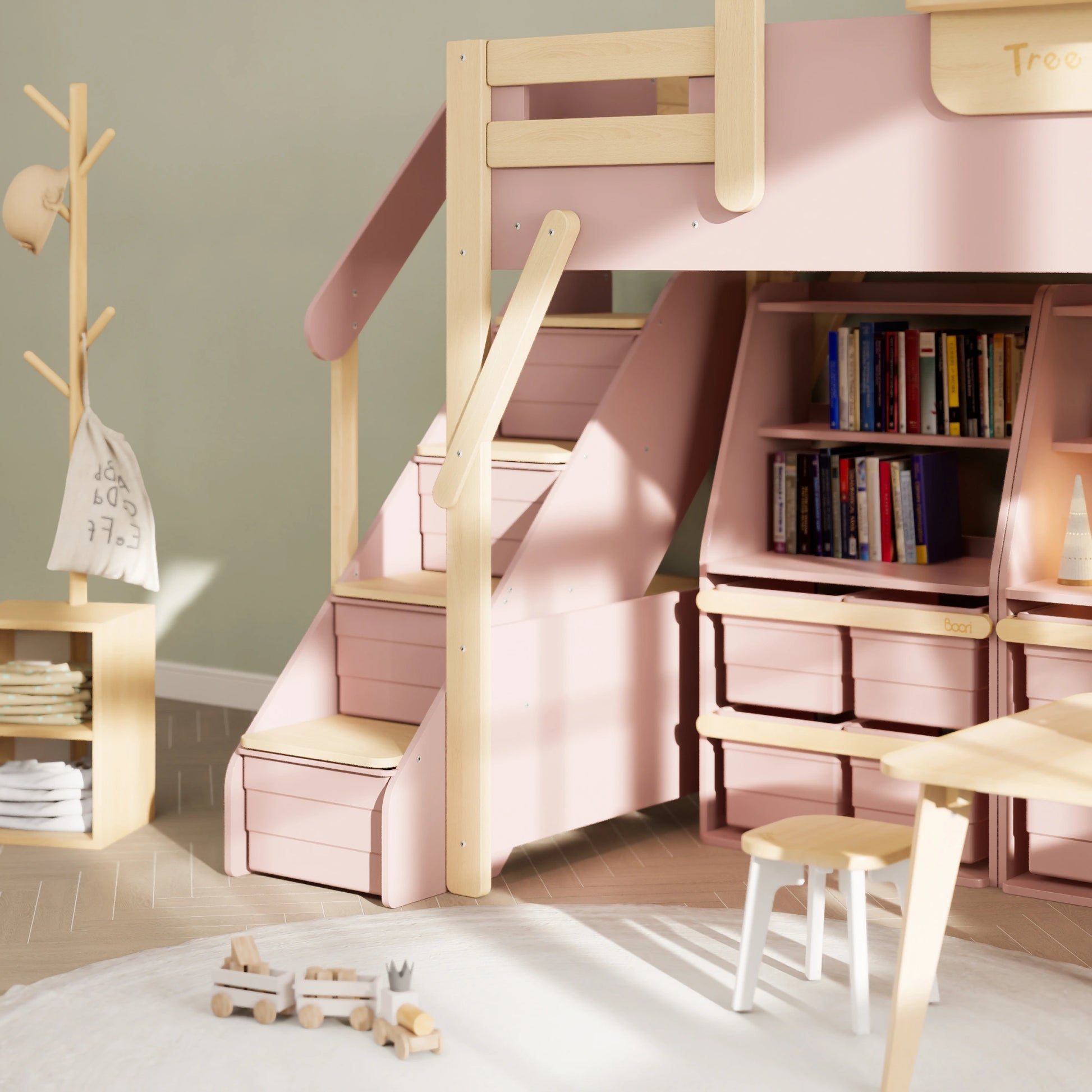 Boori Treehouse Kids NZ King Single Loft Bed + Roof Frame and Storage Staircase, Cherry