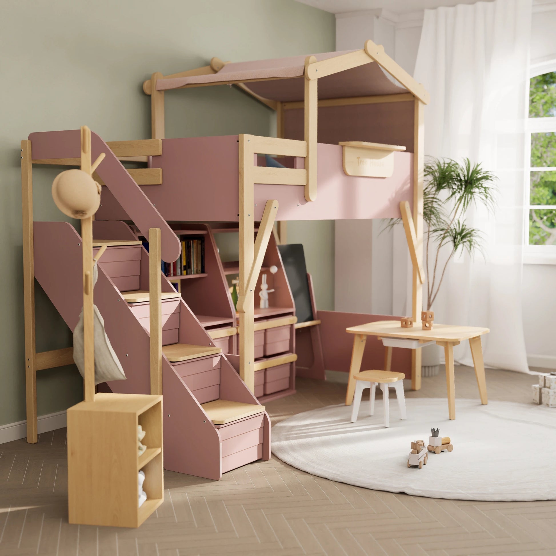 Boori Treehouse Kids NZ King Single Loft Bed + Roof Frame and Storage Staircase, Cherry
