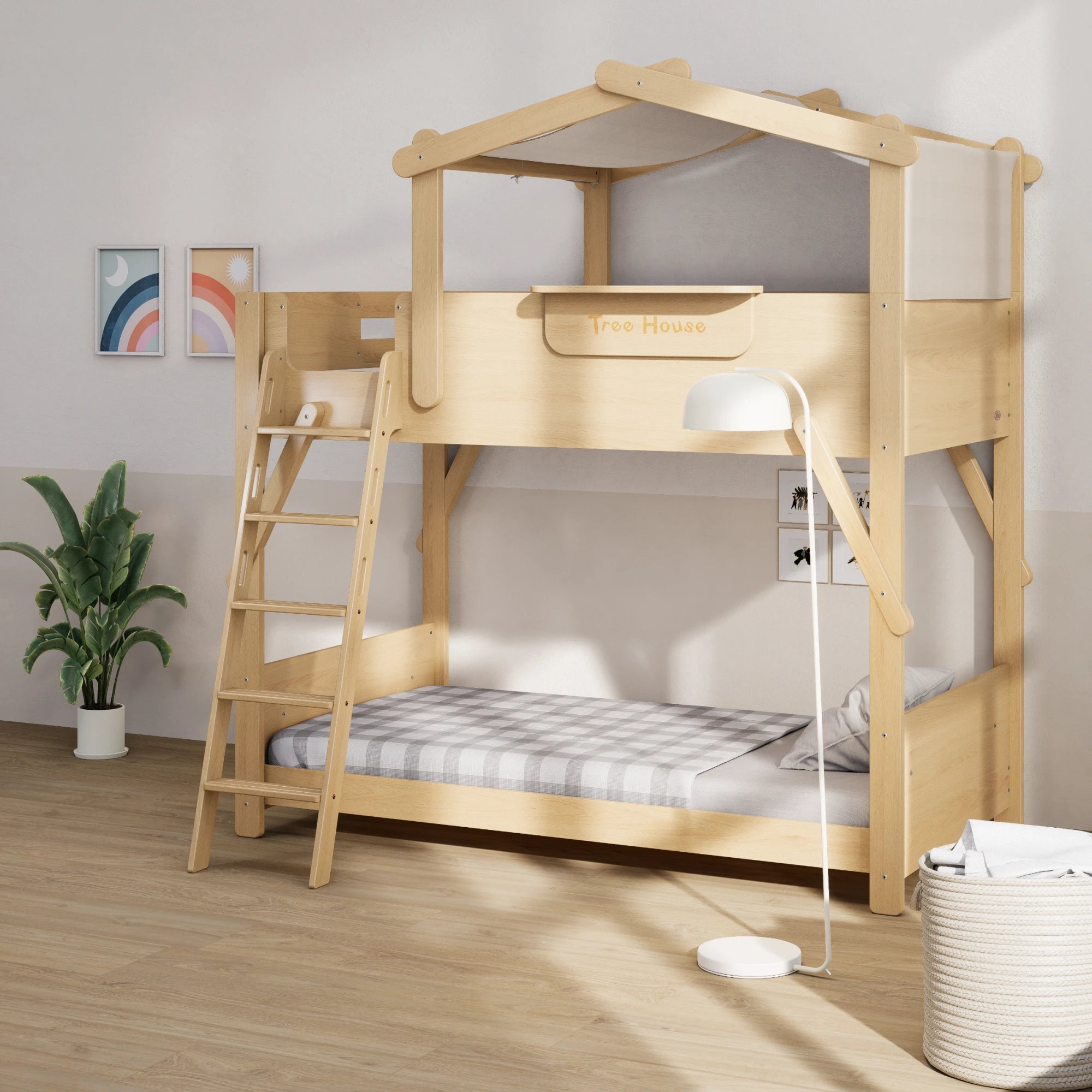 Boori Treehouse Kids NZ King Single Bunk Bed + Roof Frame and Ladder, Beech