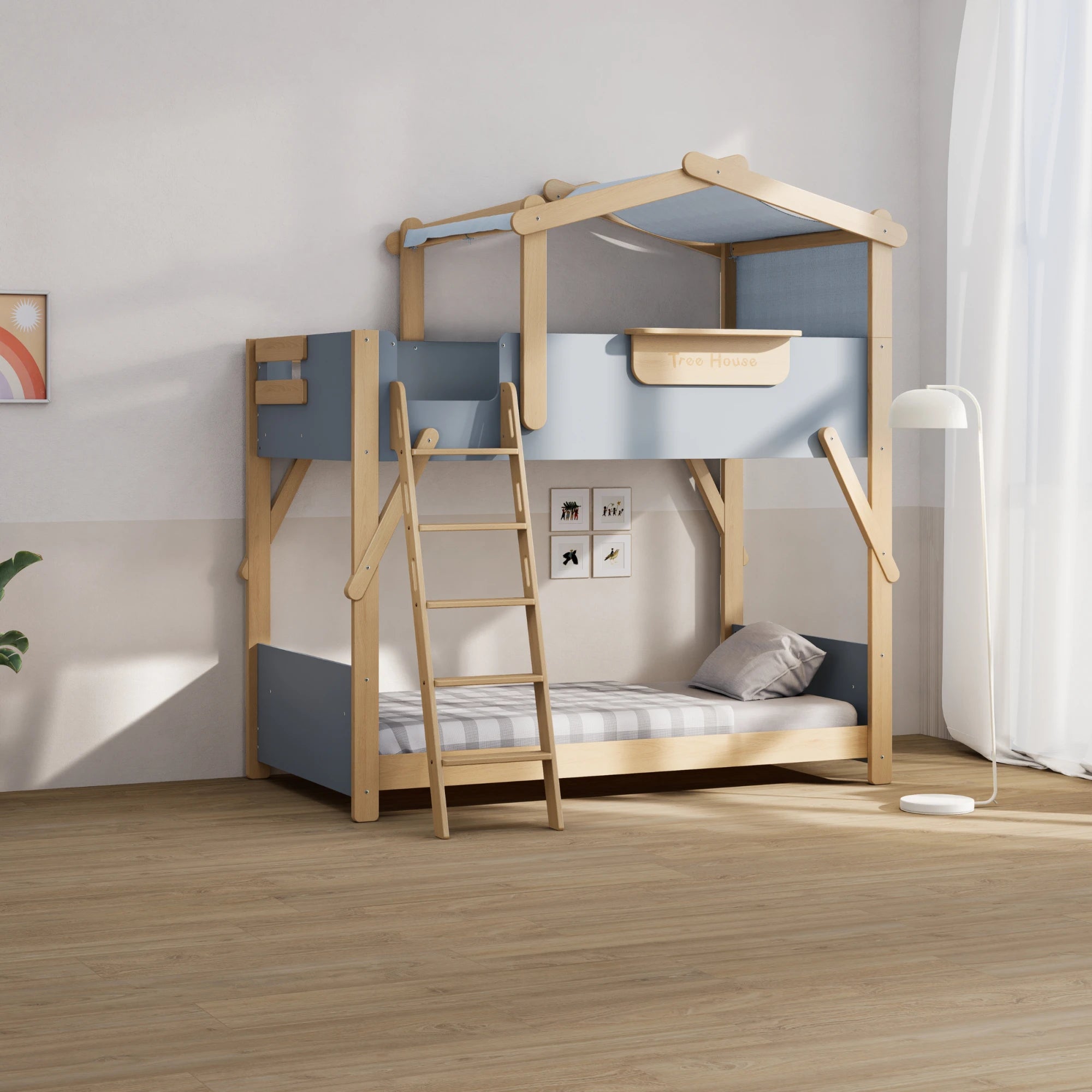 Boori Treehouse Kids NZ King Single Bunk Bed + Roof Frame and Ladder, Blueberry
