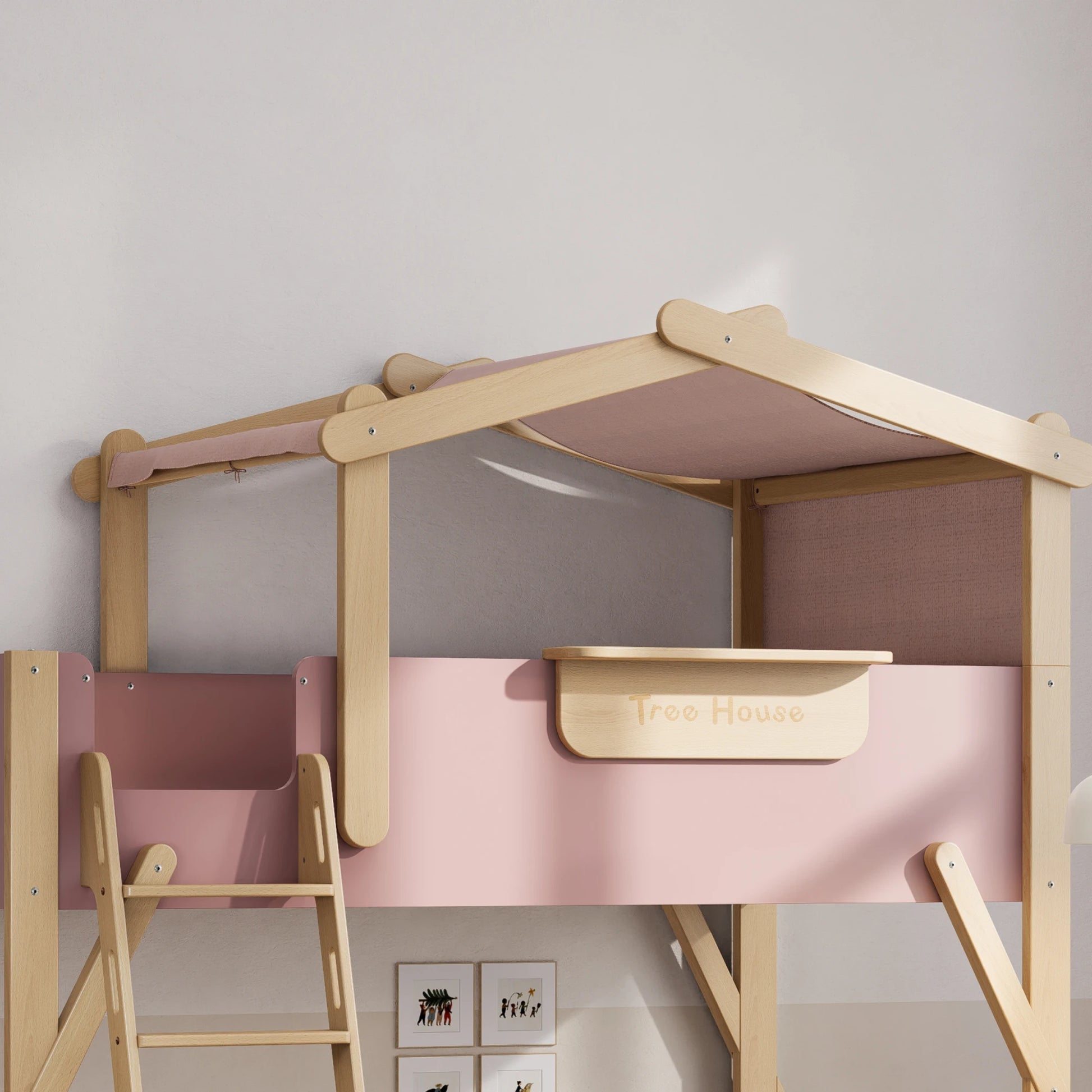 Boori Treehouse Kids NZ King Single Bunk Bed + Roof Frame and Ladder, Cherry