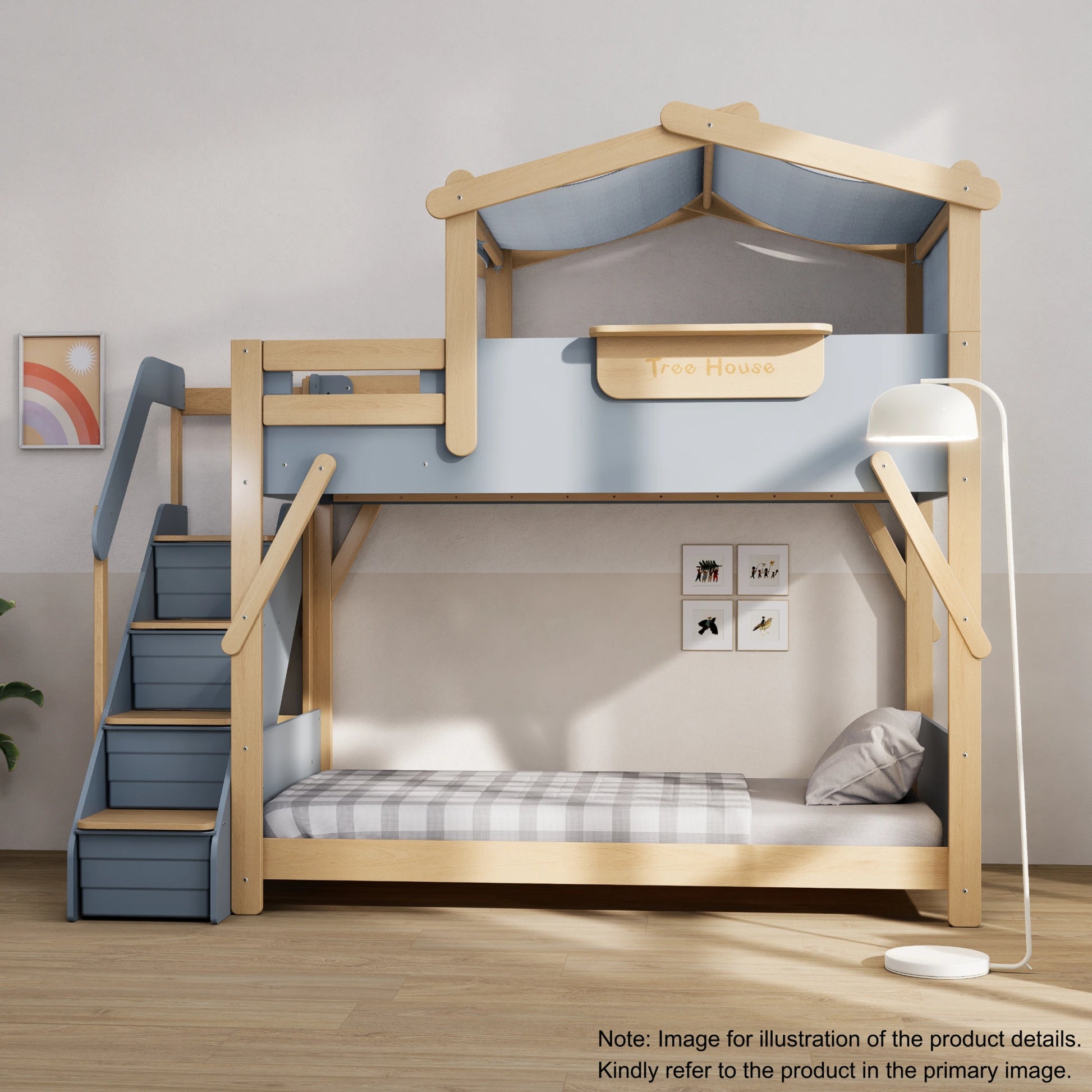 Boori Treehouse Kids NZ King Single Bunk Bed + Roof Frame and Storage Staircase, Blueberry