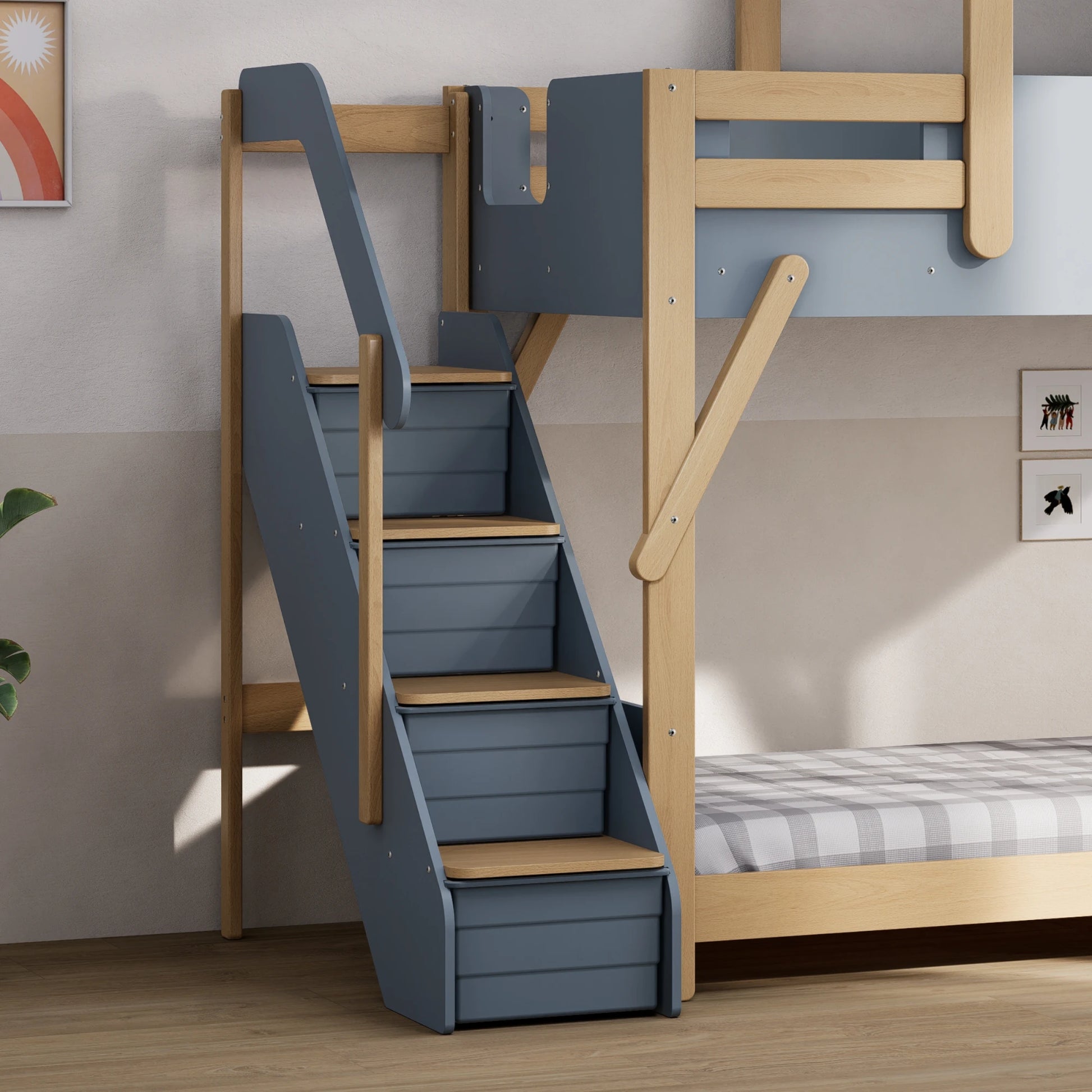 Boori Treehouse Kids NZ King Single Bunk Bed + Roof Frame and Storage Staircase, Blueberry