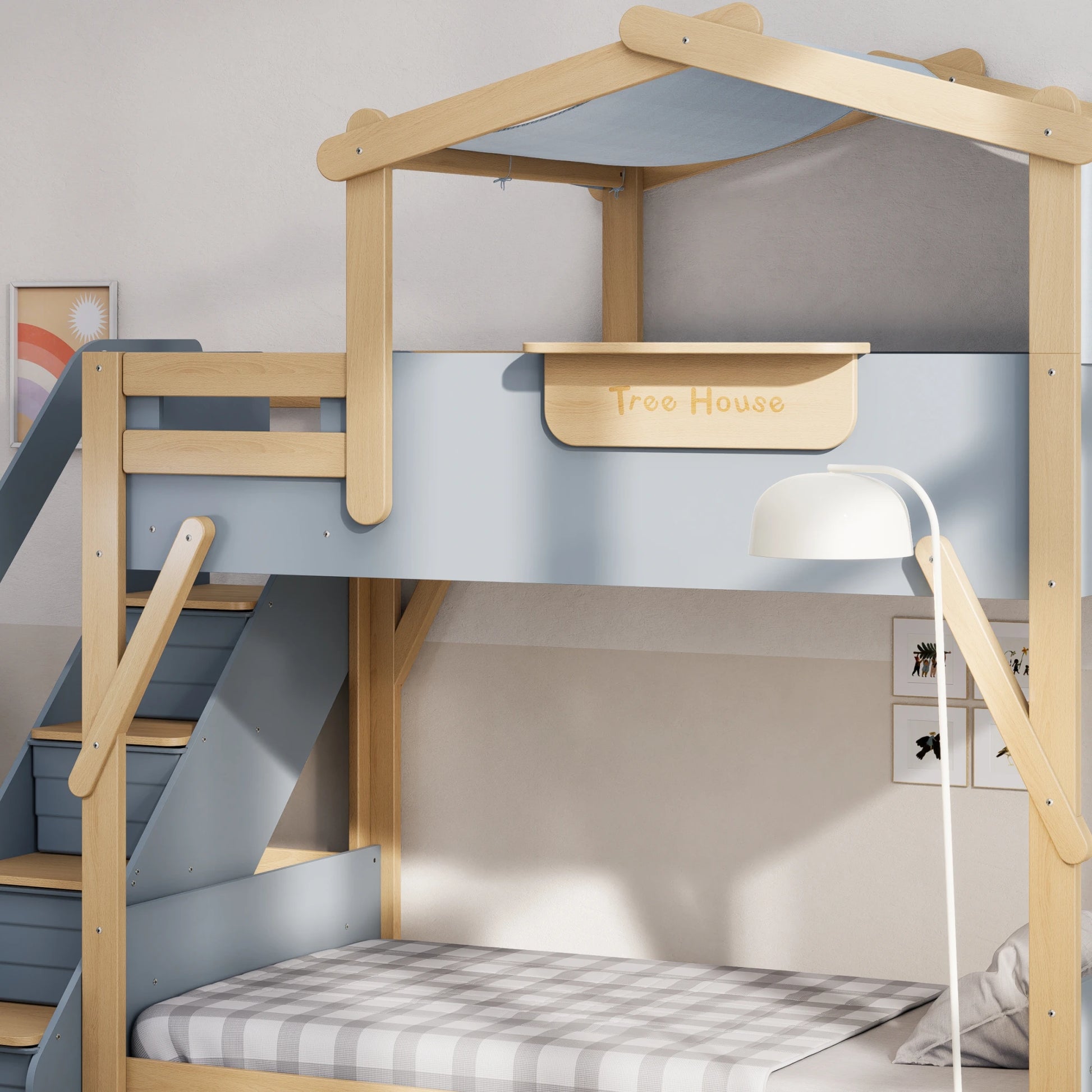 Boori Treehouse Kids NZ King Single Bunk Bed + Roof Frame and Storage Staircase, Blueberry