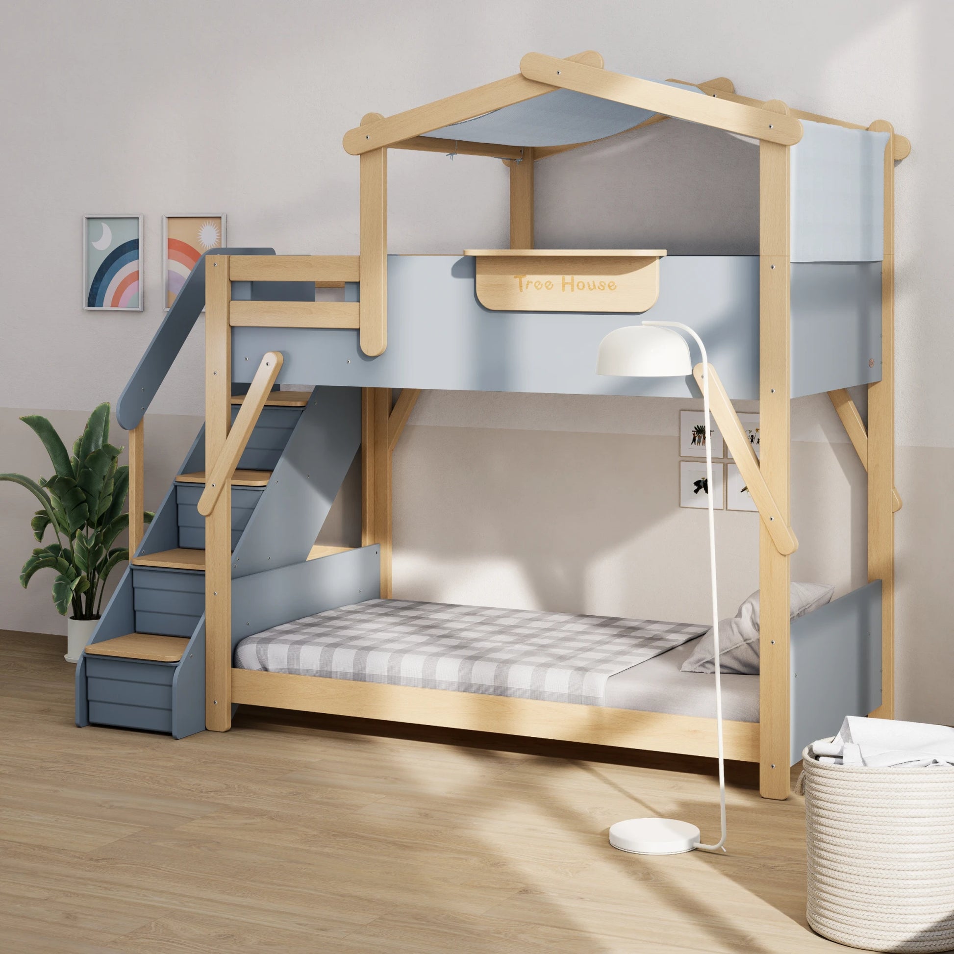 Boori Treehouse Kids NZ King Single Bunk Bed + Roof Frame and Storage Staircase, Blueberry