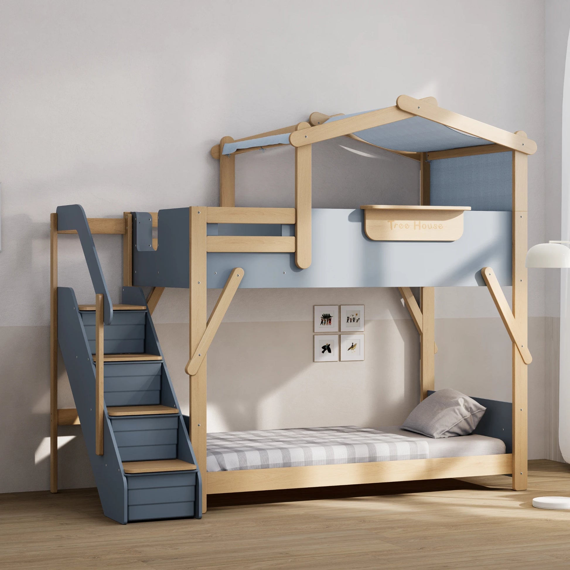 Boori Treehouse Kids NZ King Single Bunk Bed + Roof Frame and Storage Staircase, Blueberry