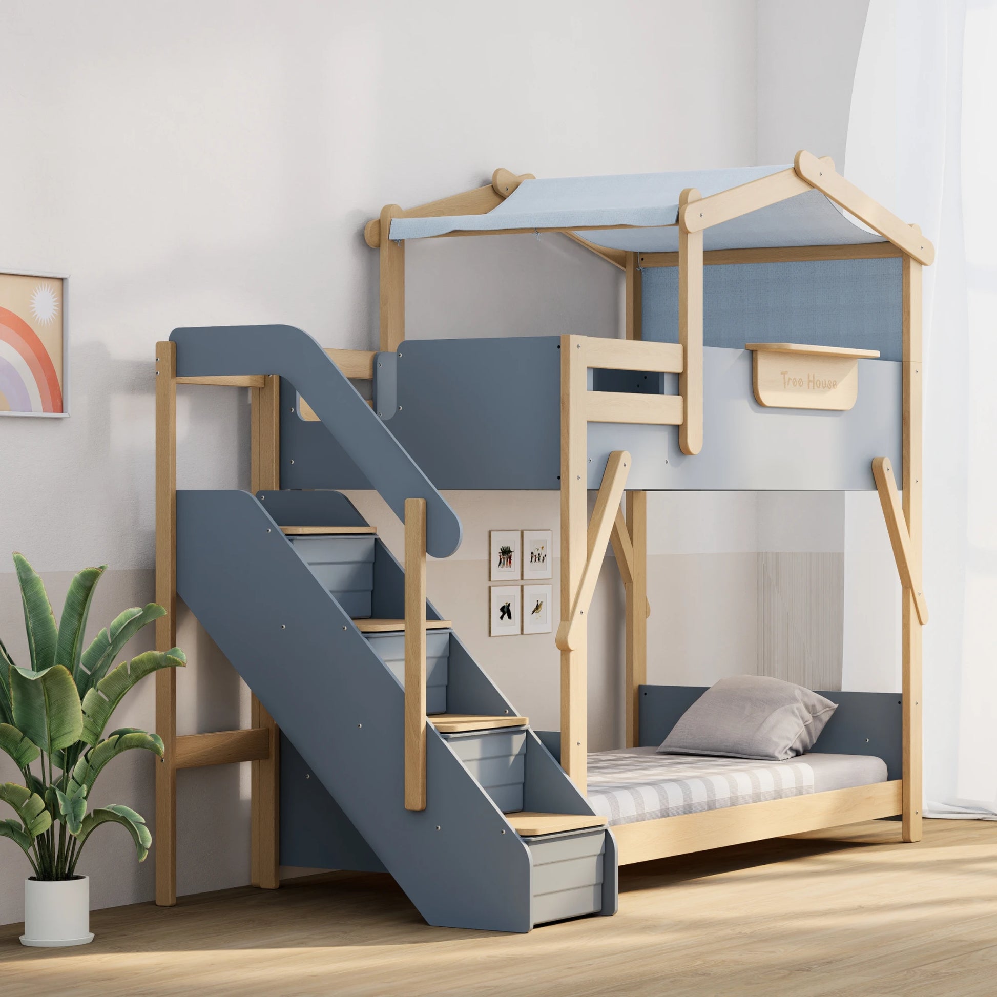 Boori Treehouse Kids NZ King Single Bunk Bed + Roof Frame and Storage Staircase, Blueberry