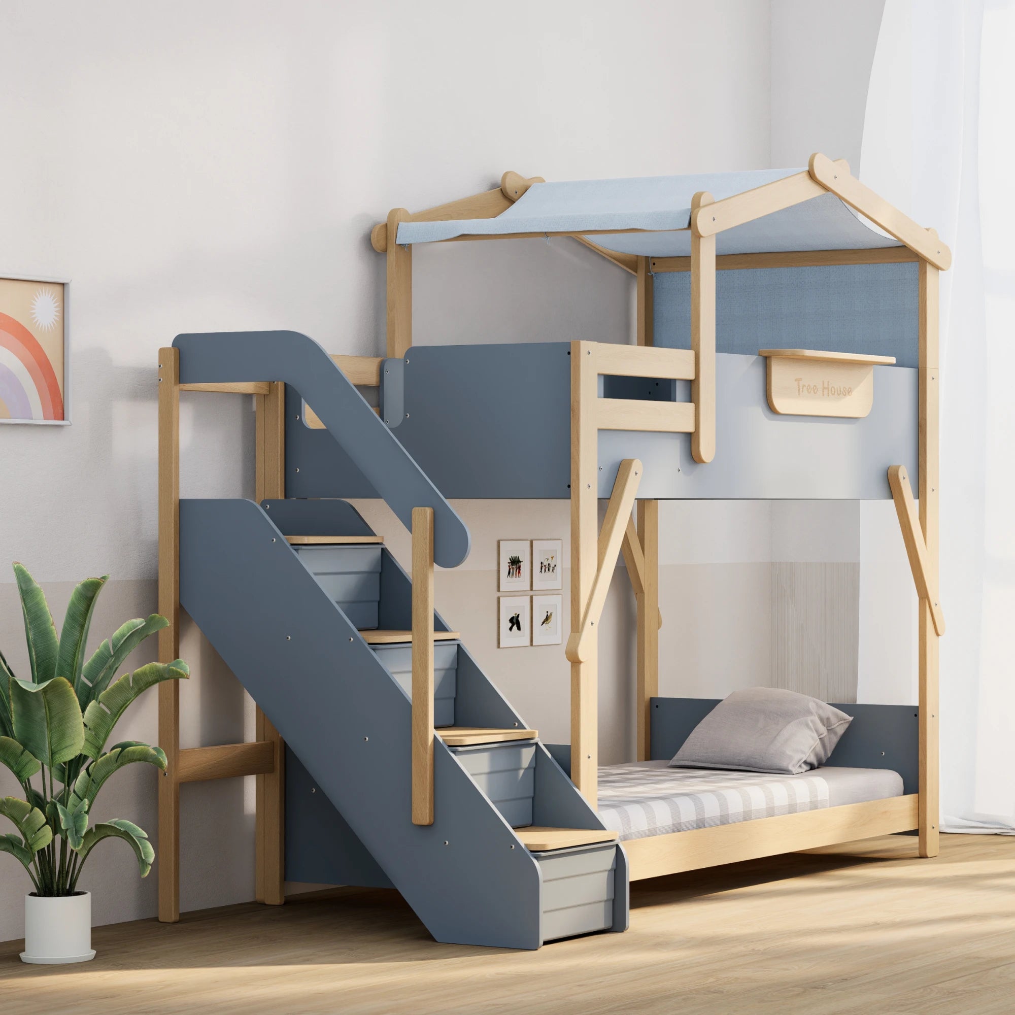 Boori Treehouse Kids NZ King Single Bunk Bed + Roof Frame and Storage Staircase, Blueberry