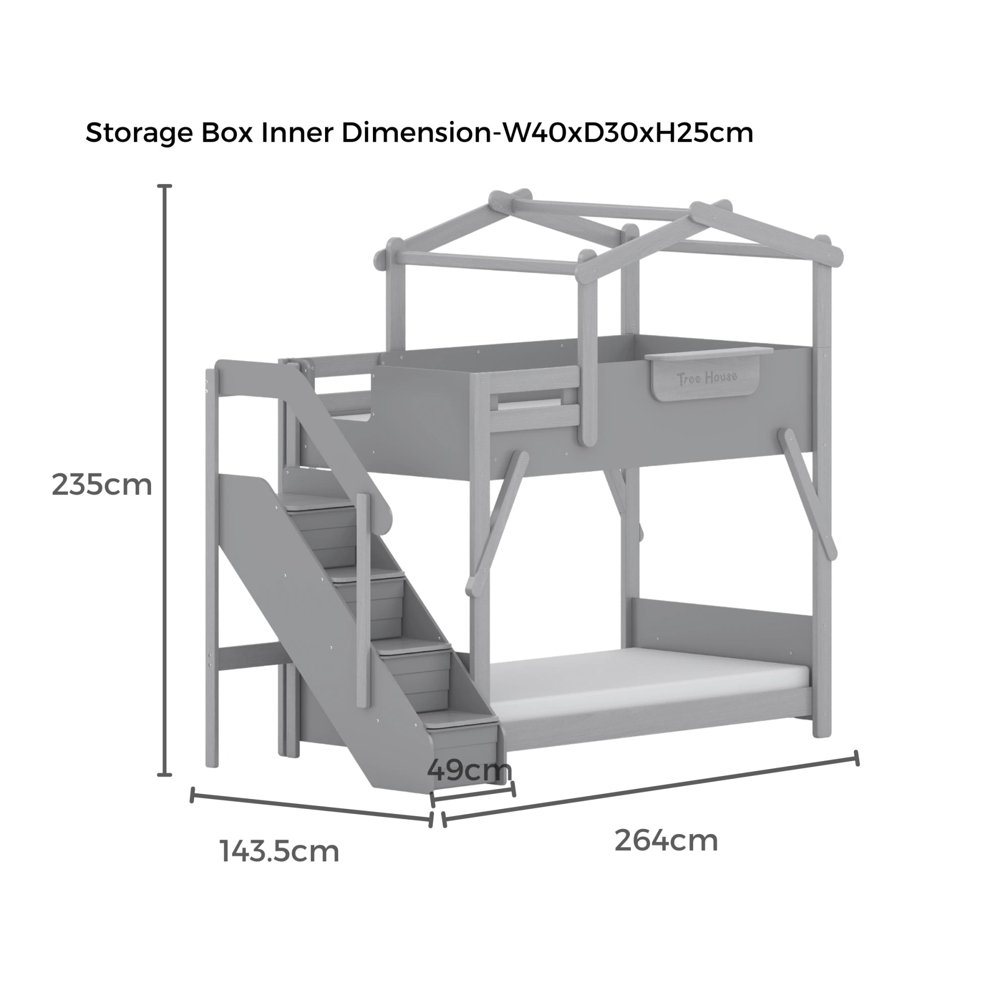 Boori Treehouse Kids NZ King Single Bunk Bed + Roof Frame and Storage Staircase, Blueberry