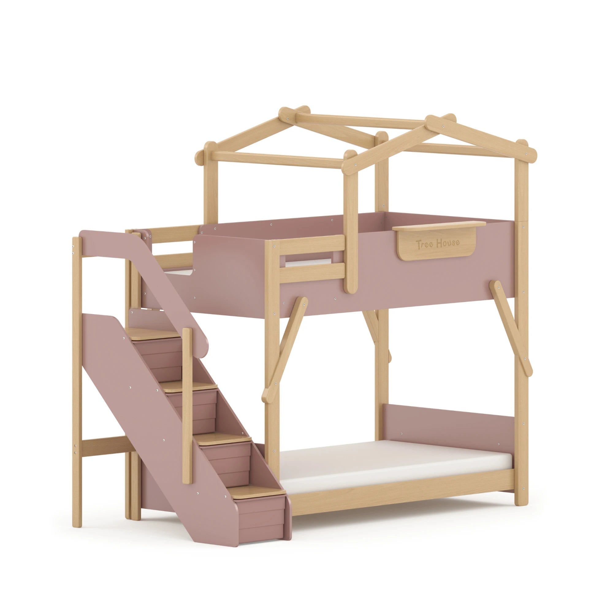Boori Treehouse Kids NZ King Single Bunk Bed + Roof Frame and Storage Staircase, Cherry