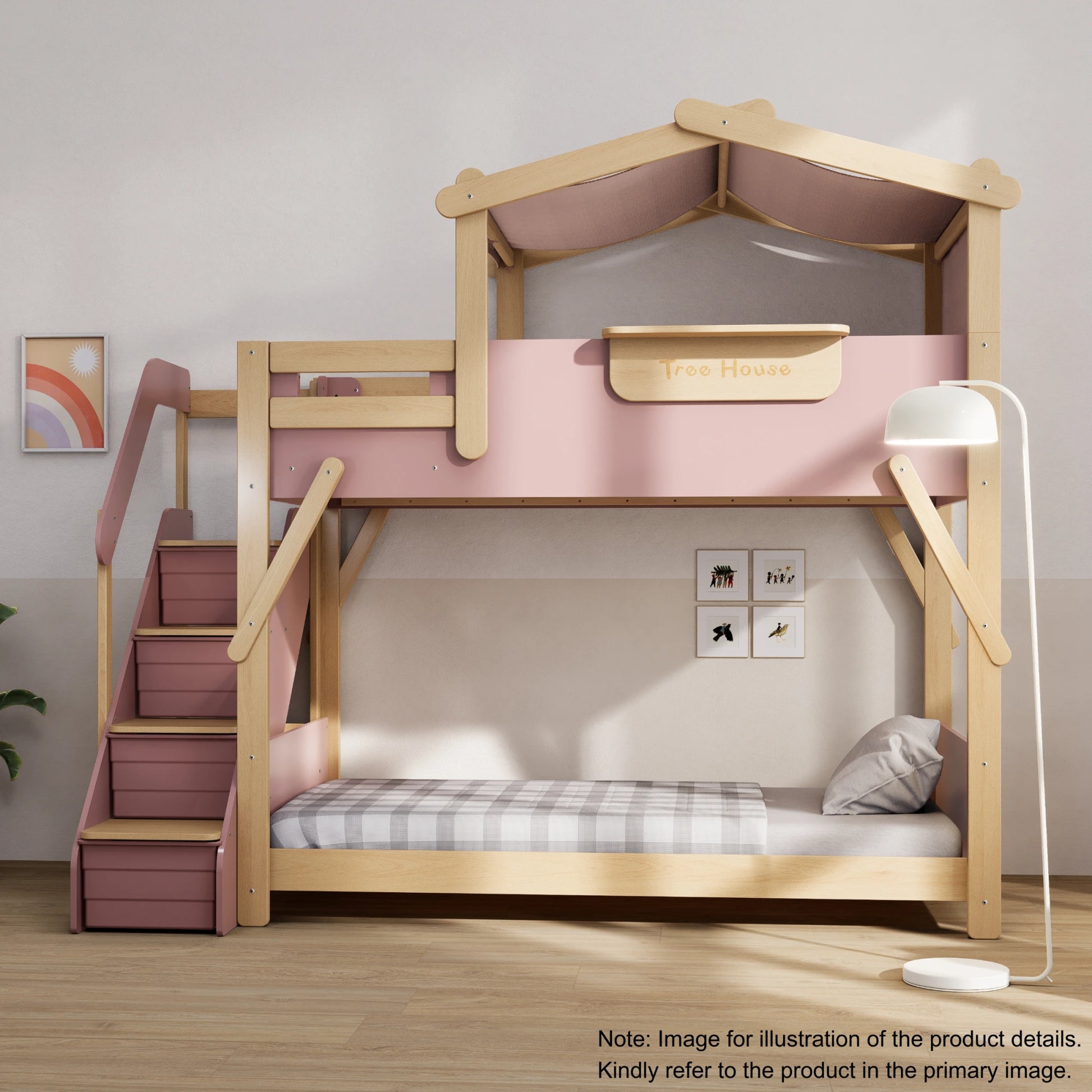 Boori Treehouse Kids NZ King Single Bunk Bed + Roof Frame and Storage Staircase, Cherry