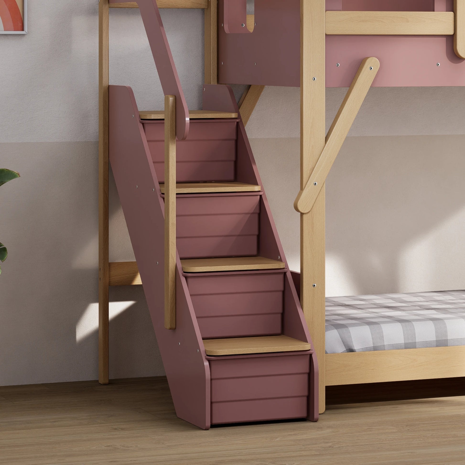 Boori Treehouse Kids NZ King Single Bunk Bed + Roof Frame and Storage Staircase, Cherry