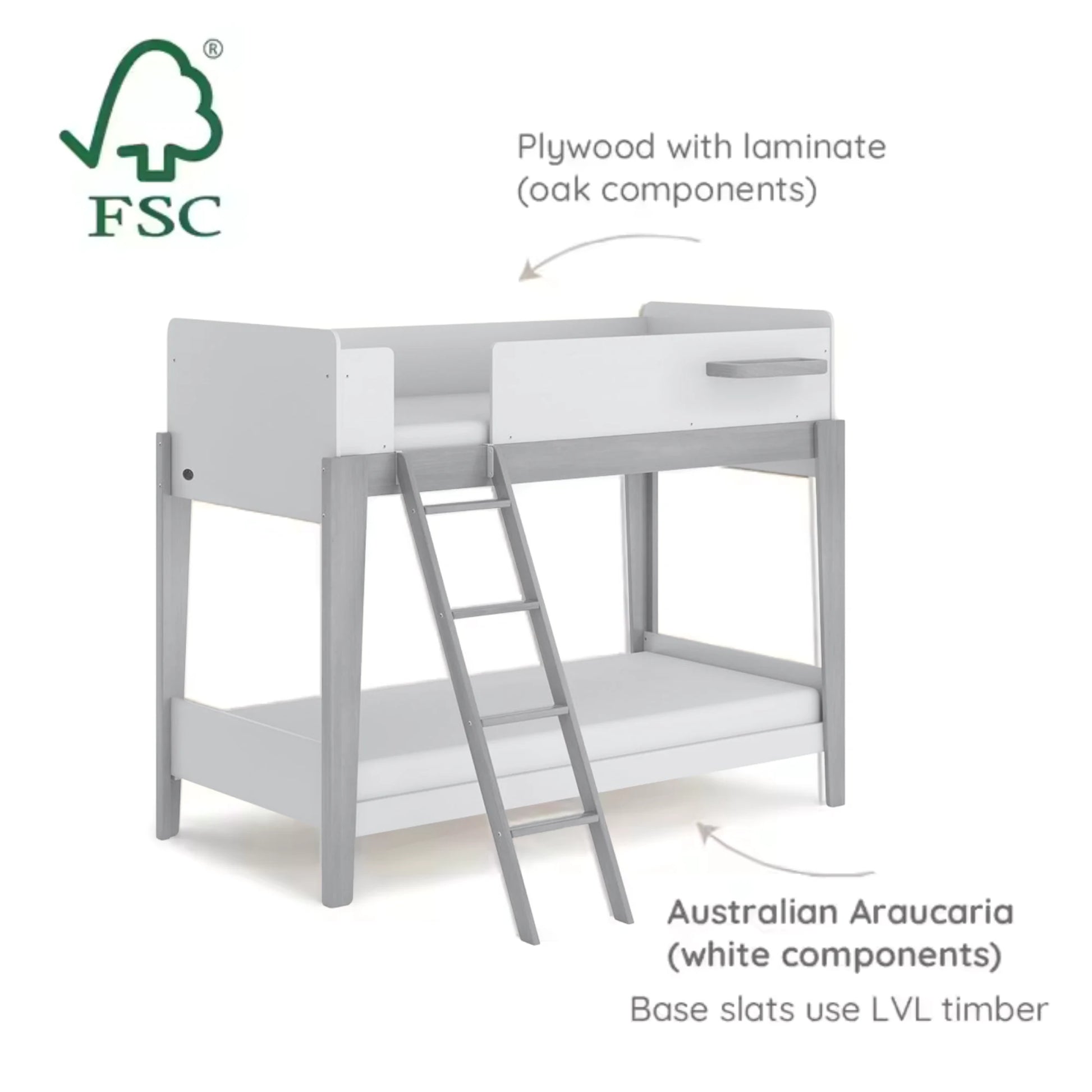 Boori Natty Kids NZ Single Bunk Bed + Ladder, Barley