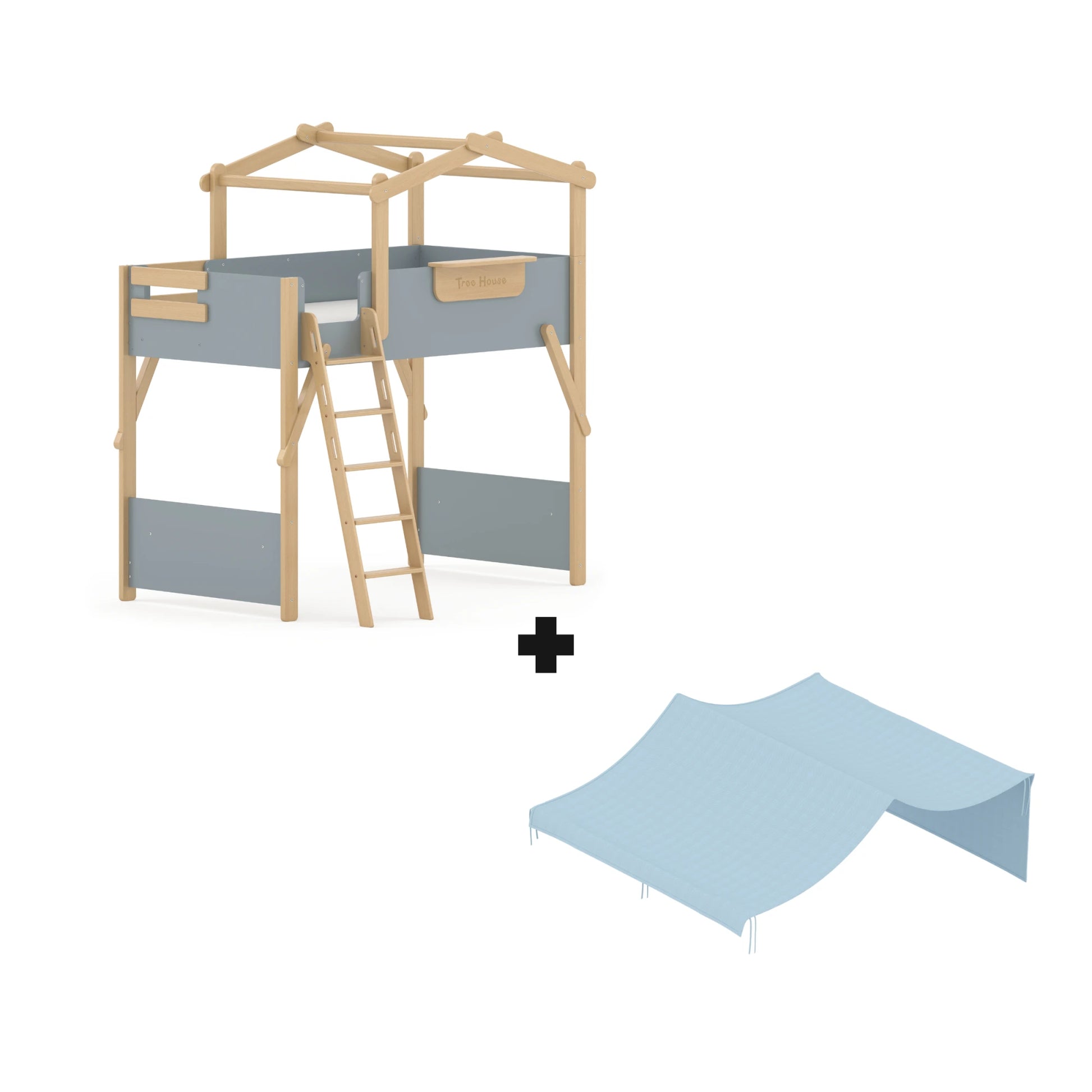 Boori Treehouse Kids NZ King Single Loft Bed + Roof Frame and Ladder with Tent Canopy, Blueberry