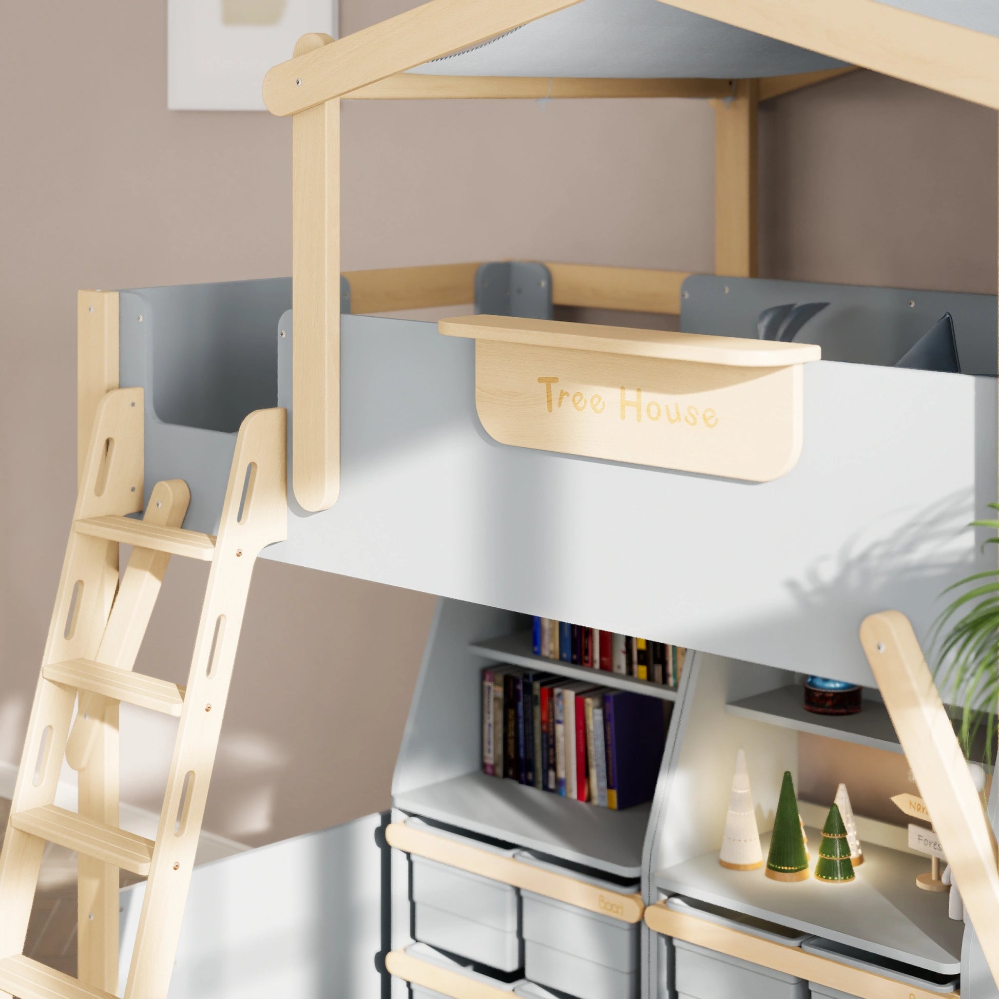 Boori Treehouse Kids NZ King Single Loft Bed + Roof Frame and Ladder with Tent Canopy, Blueberry