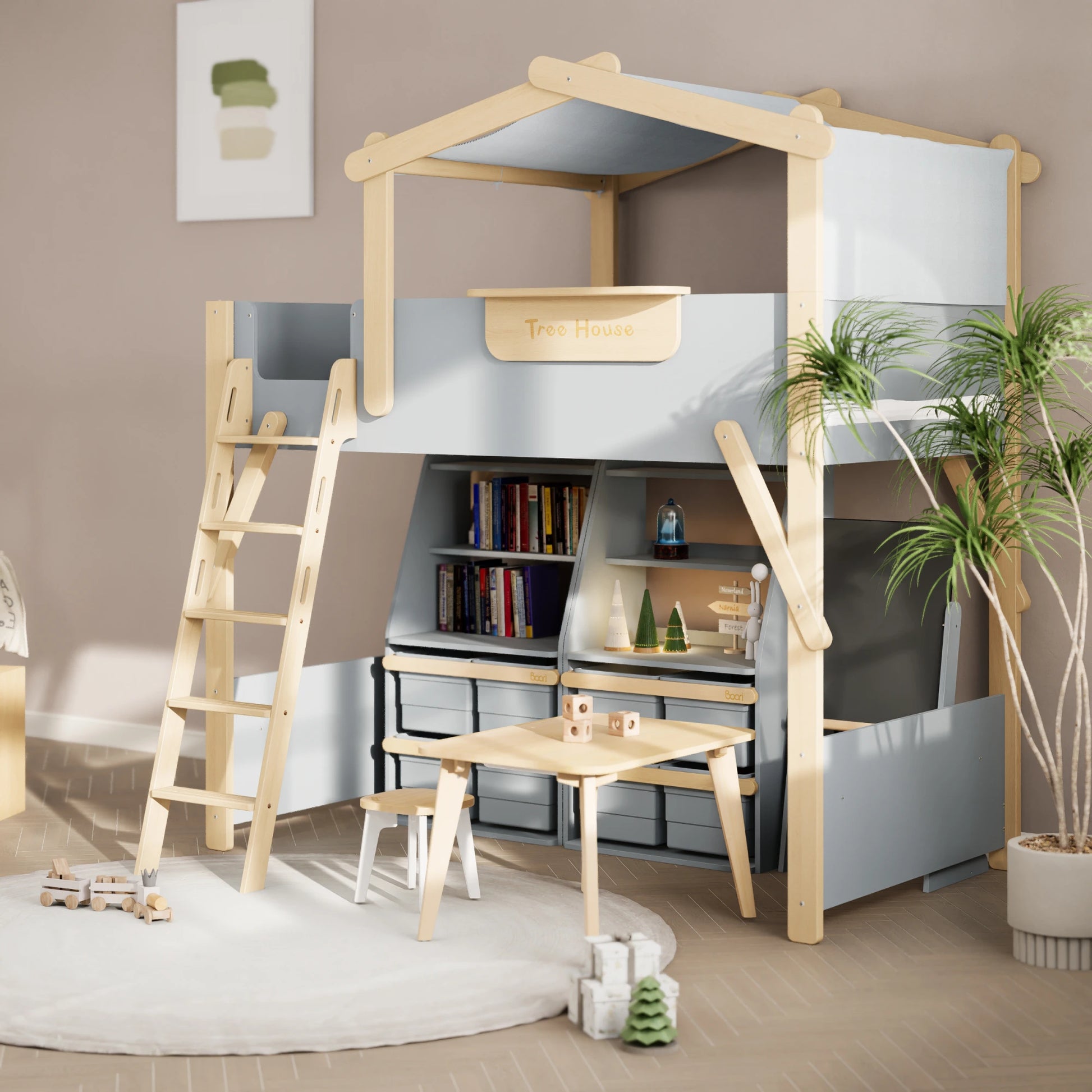 Boori Treehouse Kids NZ King Single Loft Bed + Roof Frame and Ladder with Tent Canopy, Blueberry