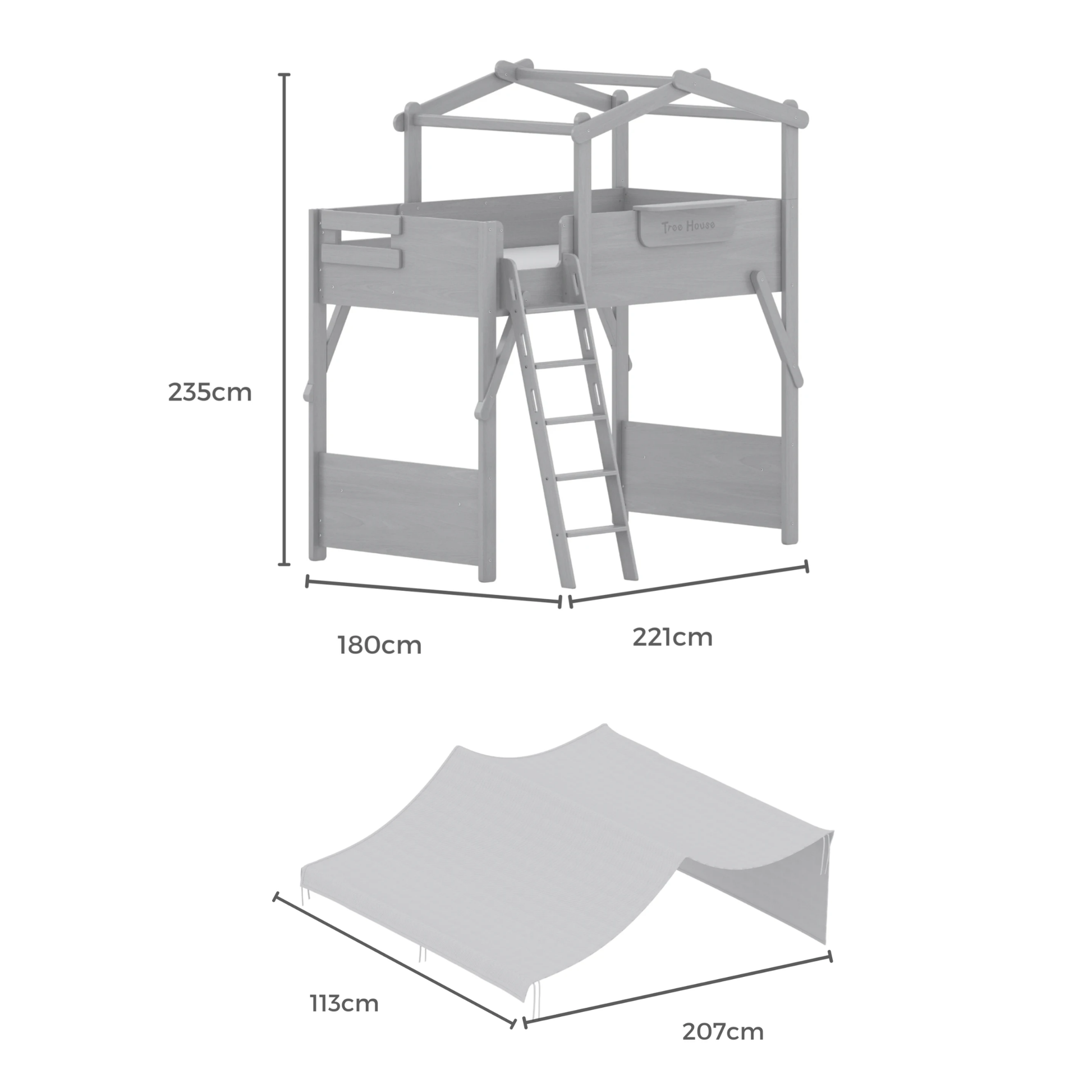 Boori Treehouse Kids NZ King Single Loft Bed + Roof Frame and Ladder with Tent Canopy, Blueberry