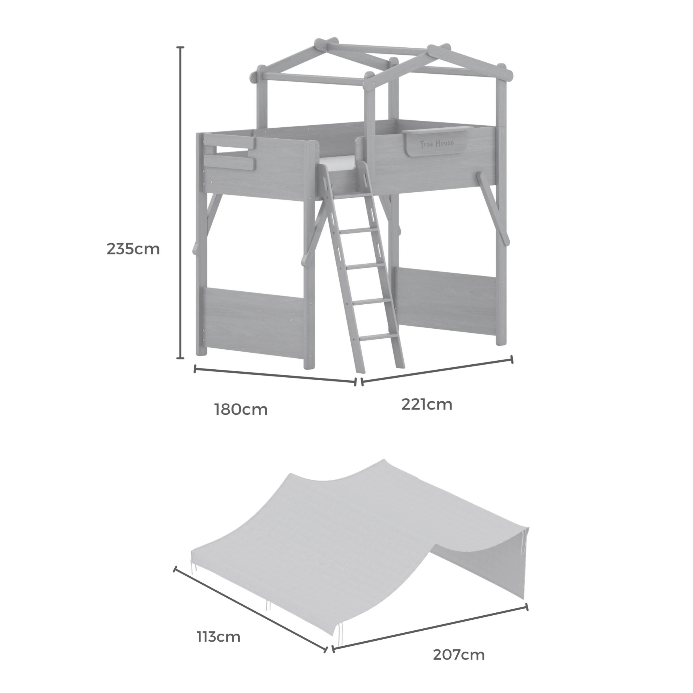 Boori Treehouse Kids NZ King Single Loft Bed + Roof Frame and Ladder with Tent Canopy, Blueberry