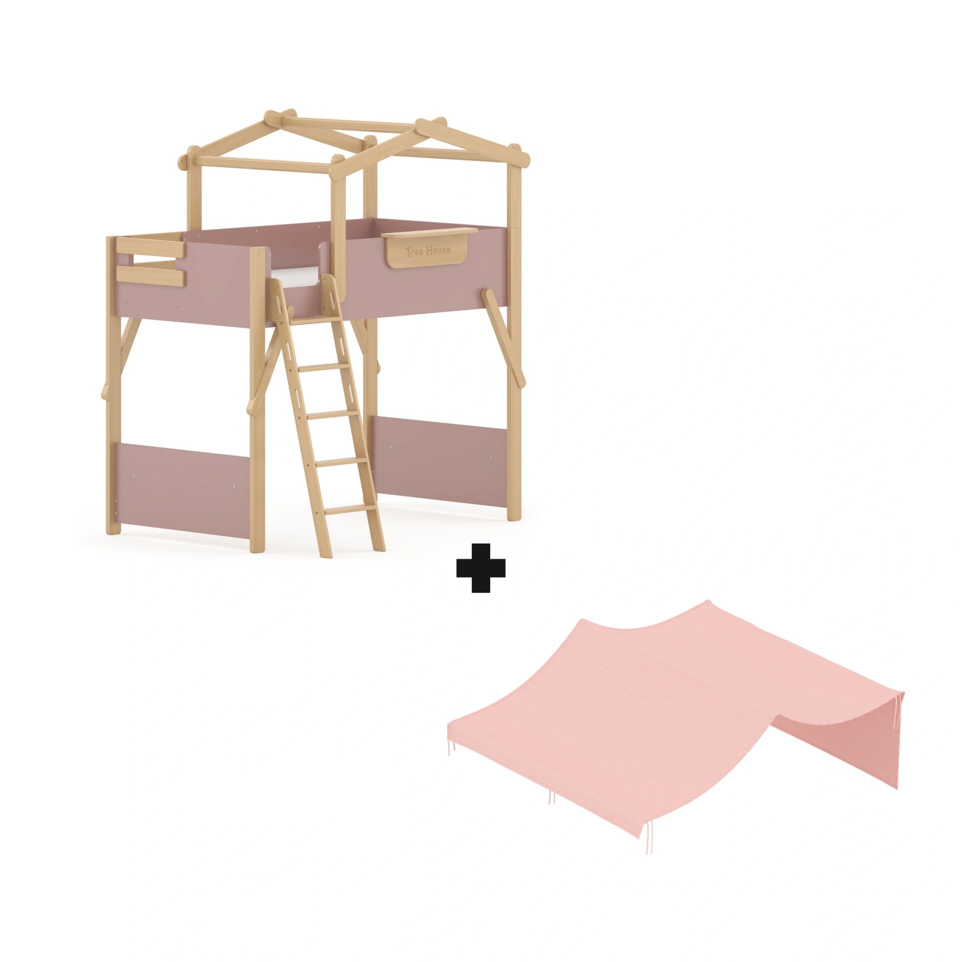 Boori Treehouse Kids NZ King Single Loft Bed + Roof Frame and Ladder with Tent Canopy, Cherry