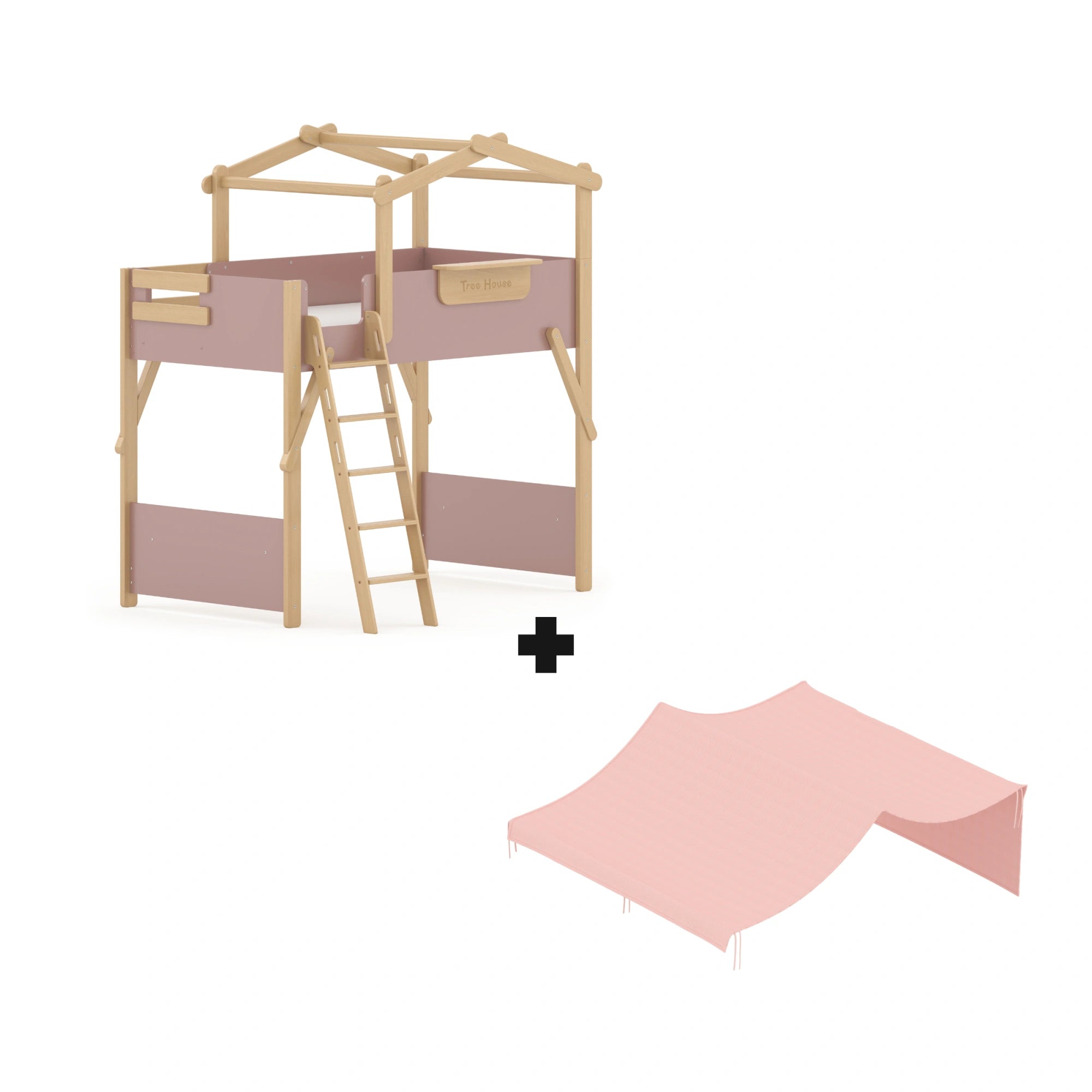 Boori Treehouse Kids NZ King Single Loft Bed + Roof Frame and Ladder with Tent Canopy, Cherry