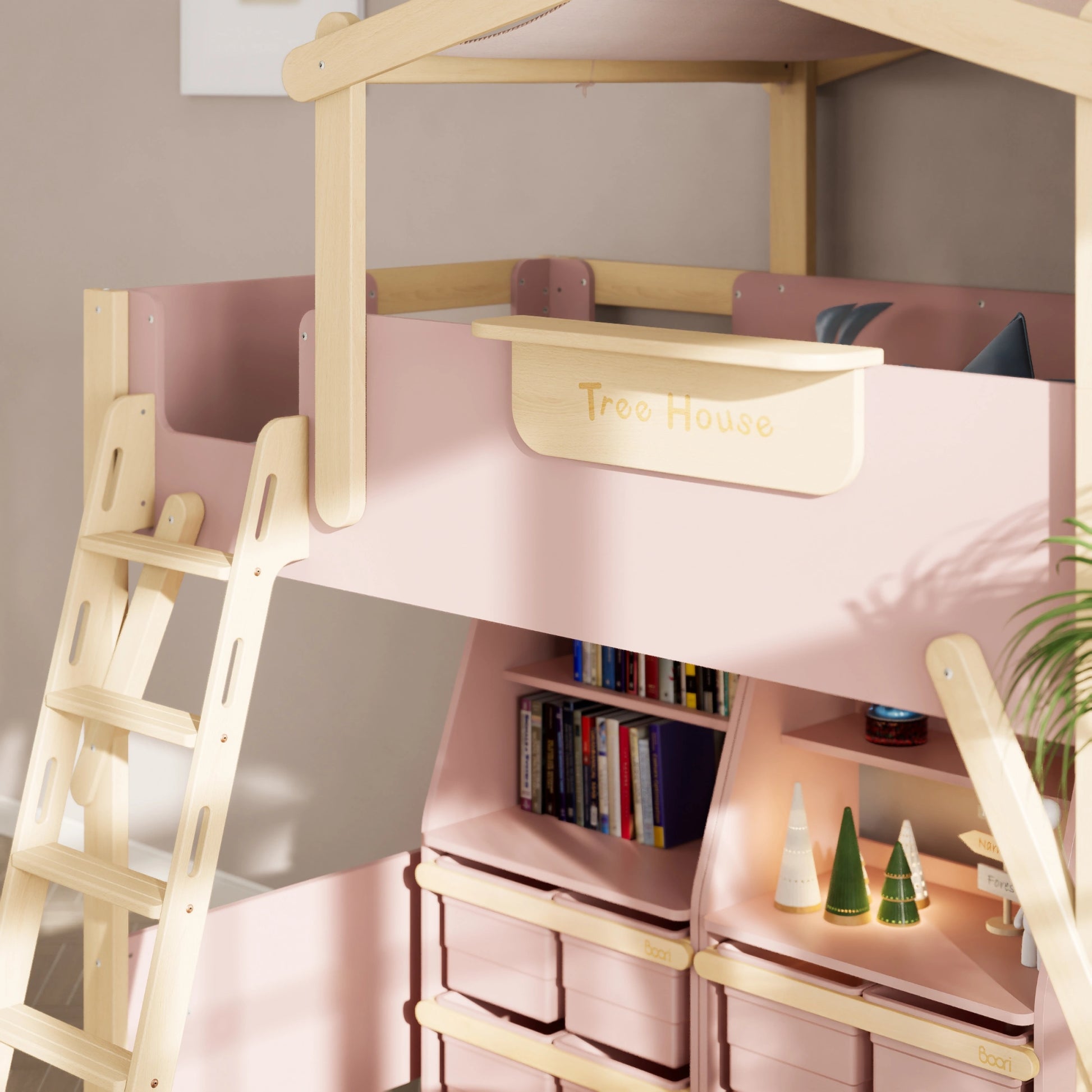 Boori Treehouse Kids NZ King Single Loft Bed + Roof Frame and Ladder with Tent Canopy, Cherry
