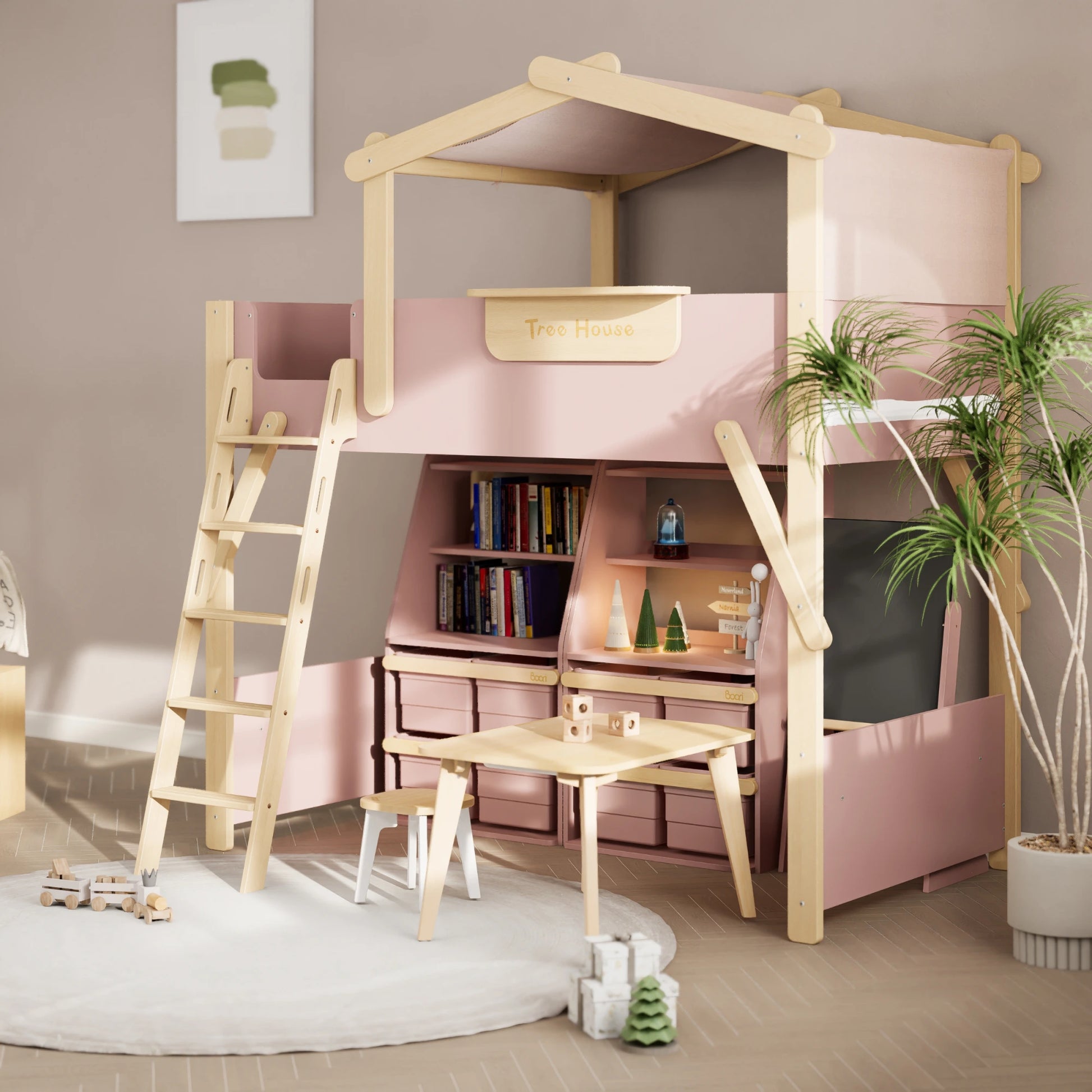 Boori Treehouse Kids NZ King Single Loft Bed + Roof Frame and Ladder with Tent Canopy, Cherry