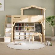 Boori Treehouse Kids NZ King Single Loft Bed + Roof Frame and Storage Staircase with Tent Canopy, Beech