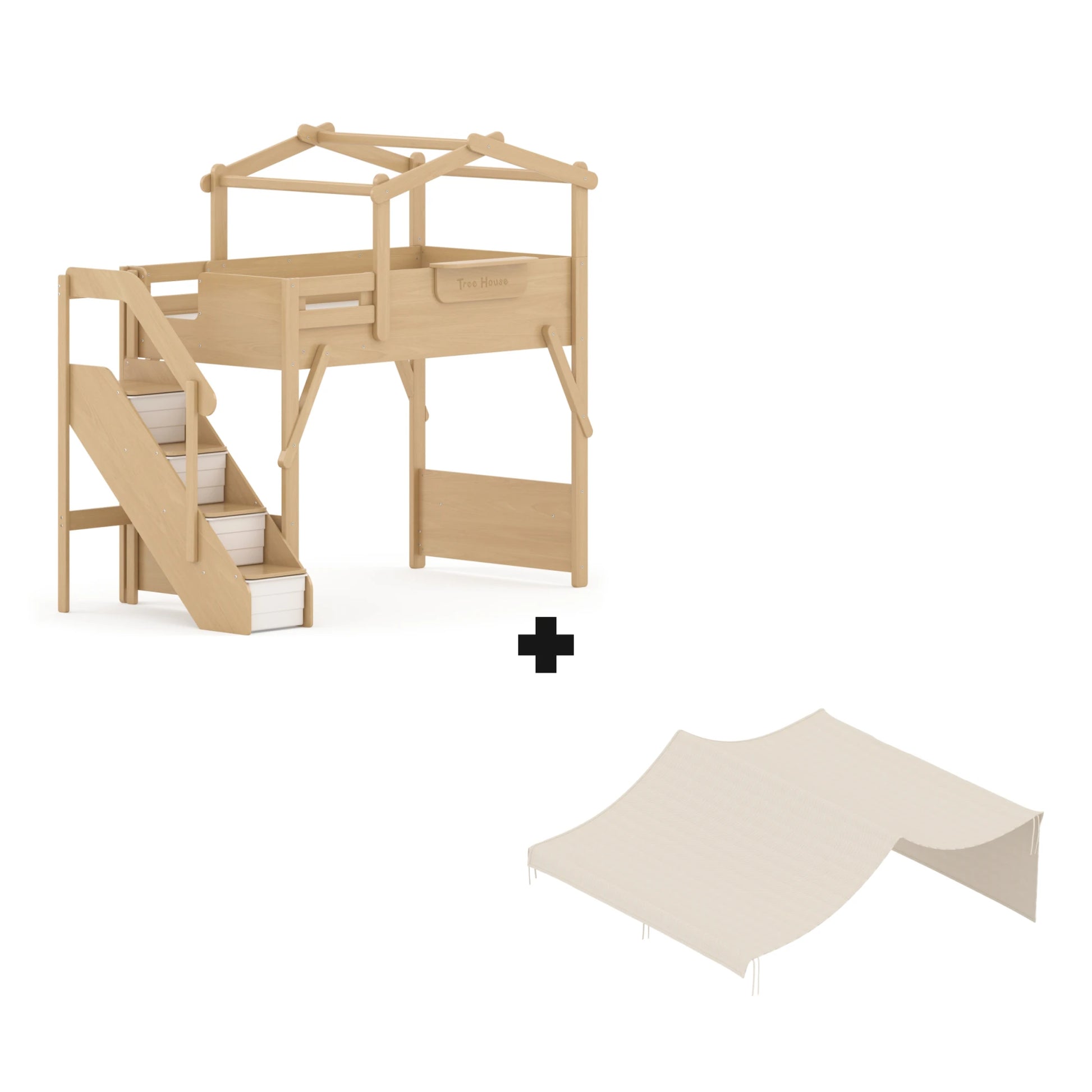 Boori Treehouse Kids NZ King Single Loft Bed + Roof Frame and Storage Staircase with Tent Canopy, Beech